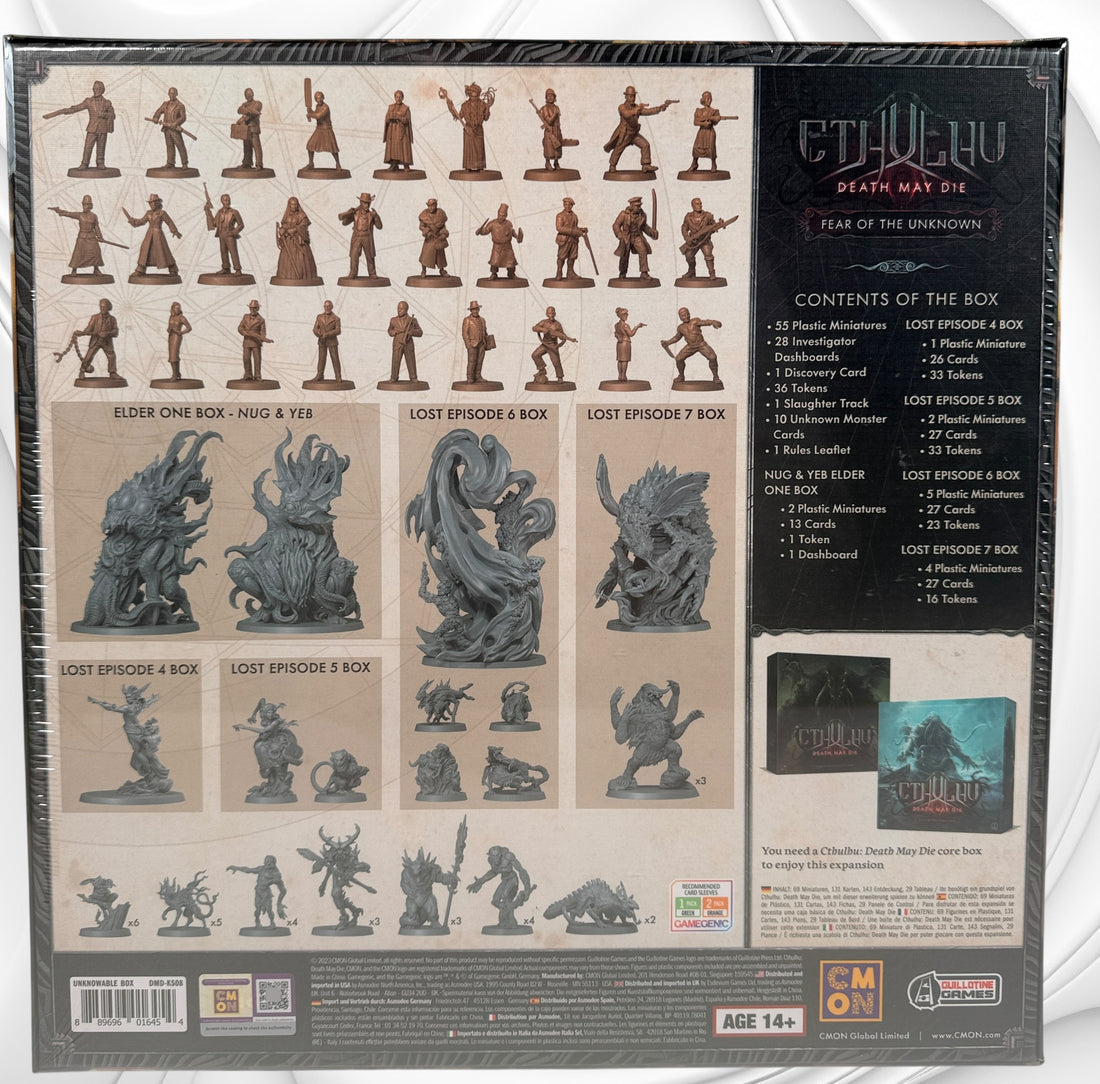 Sealed Cthulhu Death May Die Unknowable Box expansion with detailed miniatures and new scenarios. Collector board game add-on in excellent sealed condition.