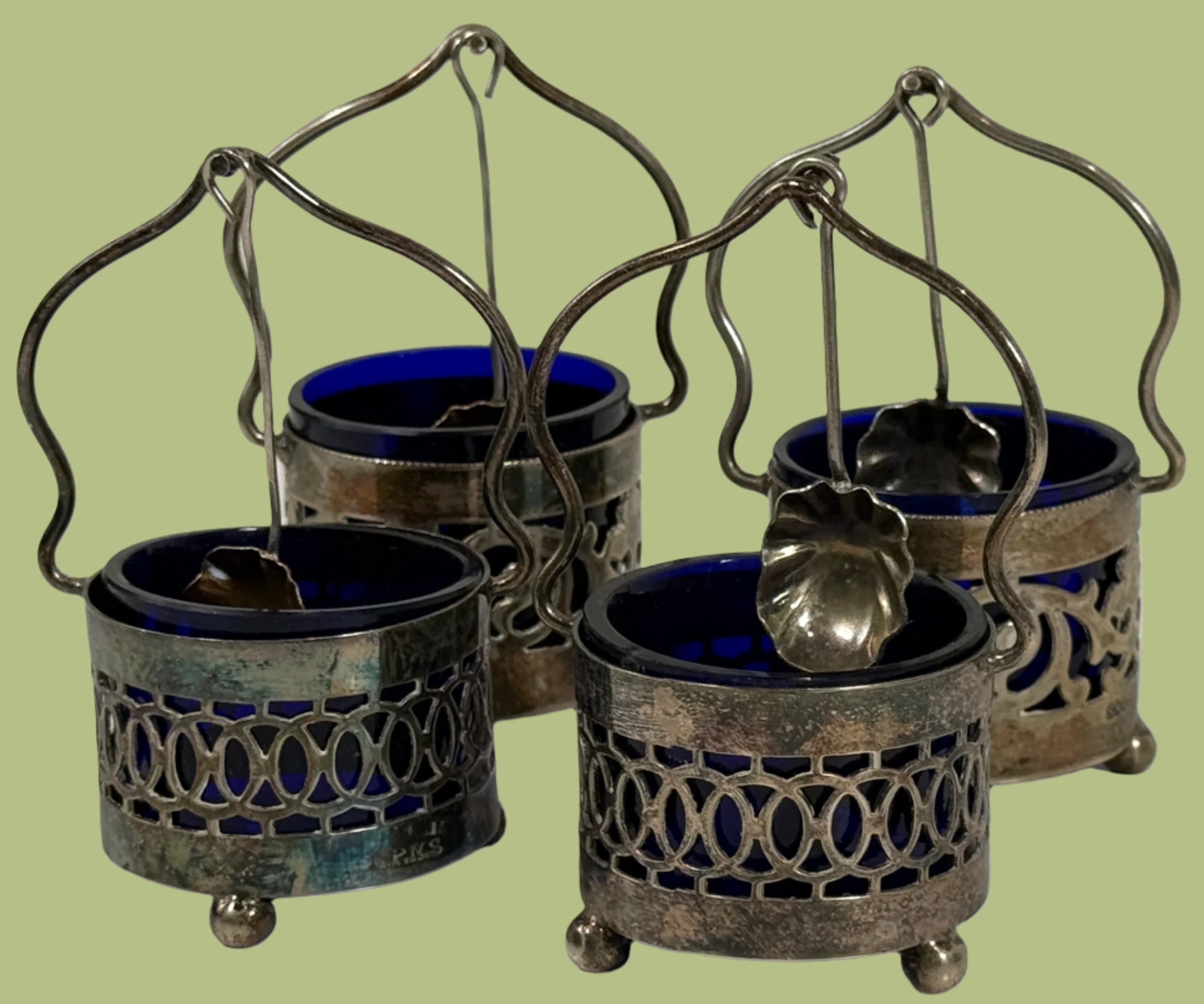 Set of 4 Vintage Cobalt Blue Glass Salt Cellars with Silverplate Holders & Miniature Spoons