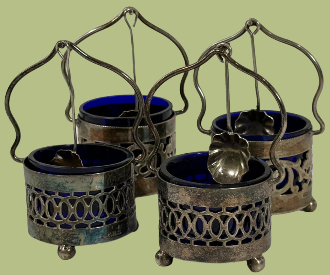Set of 4 Vintage Cobalt Blue Glass Salt Cellars with Silverplate Holders & Miniature Spoons