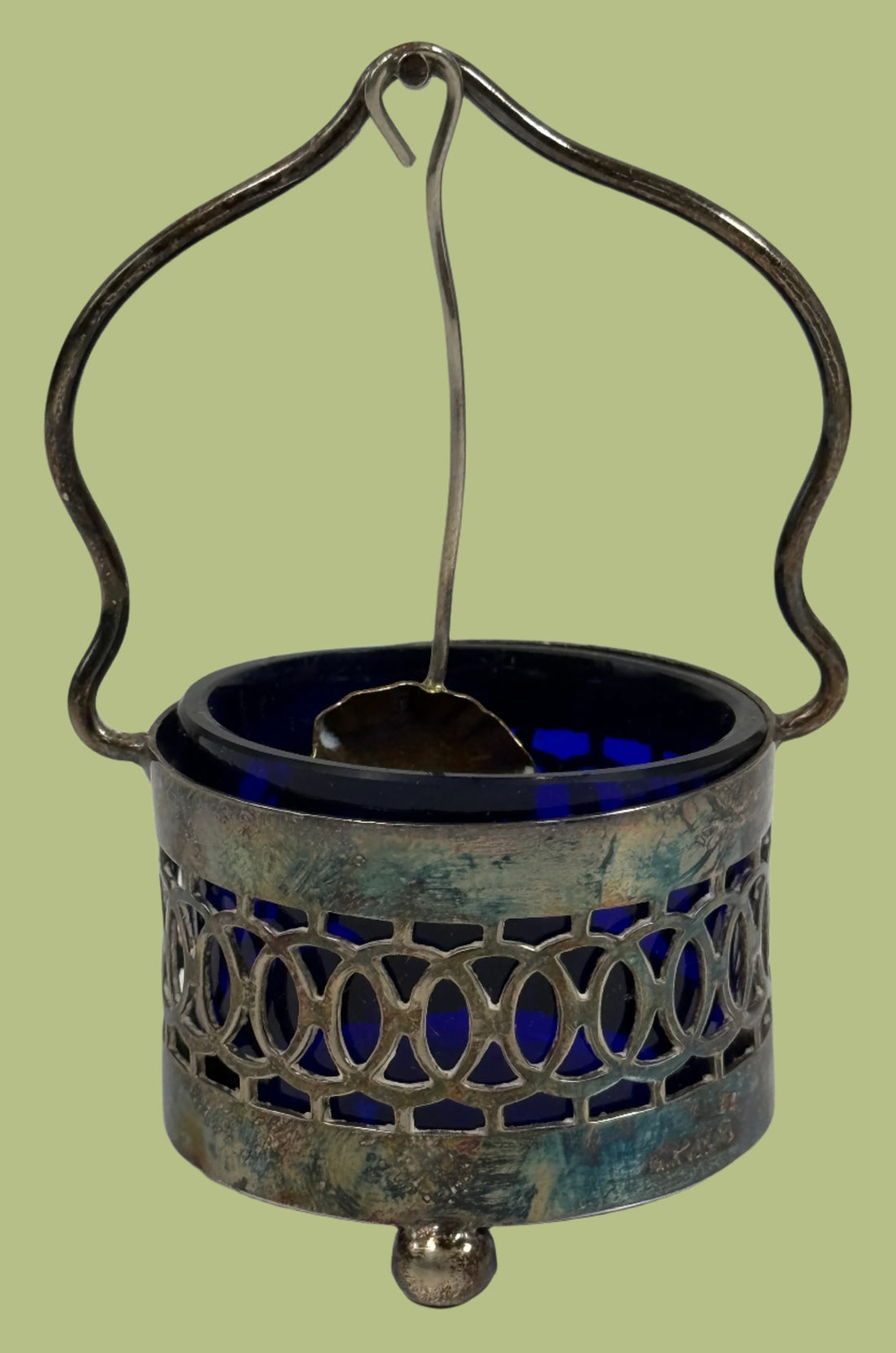 Set of 4 Vintage Cobalt Blue Glass Salt Cellars with Silverplate Holders & Miniature Spoons