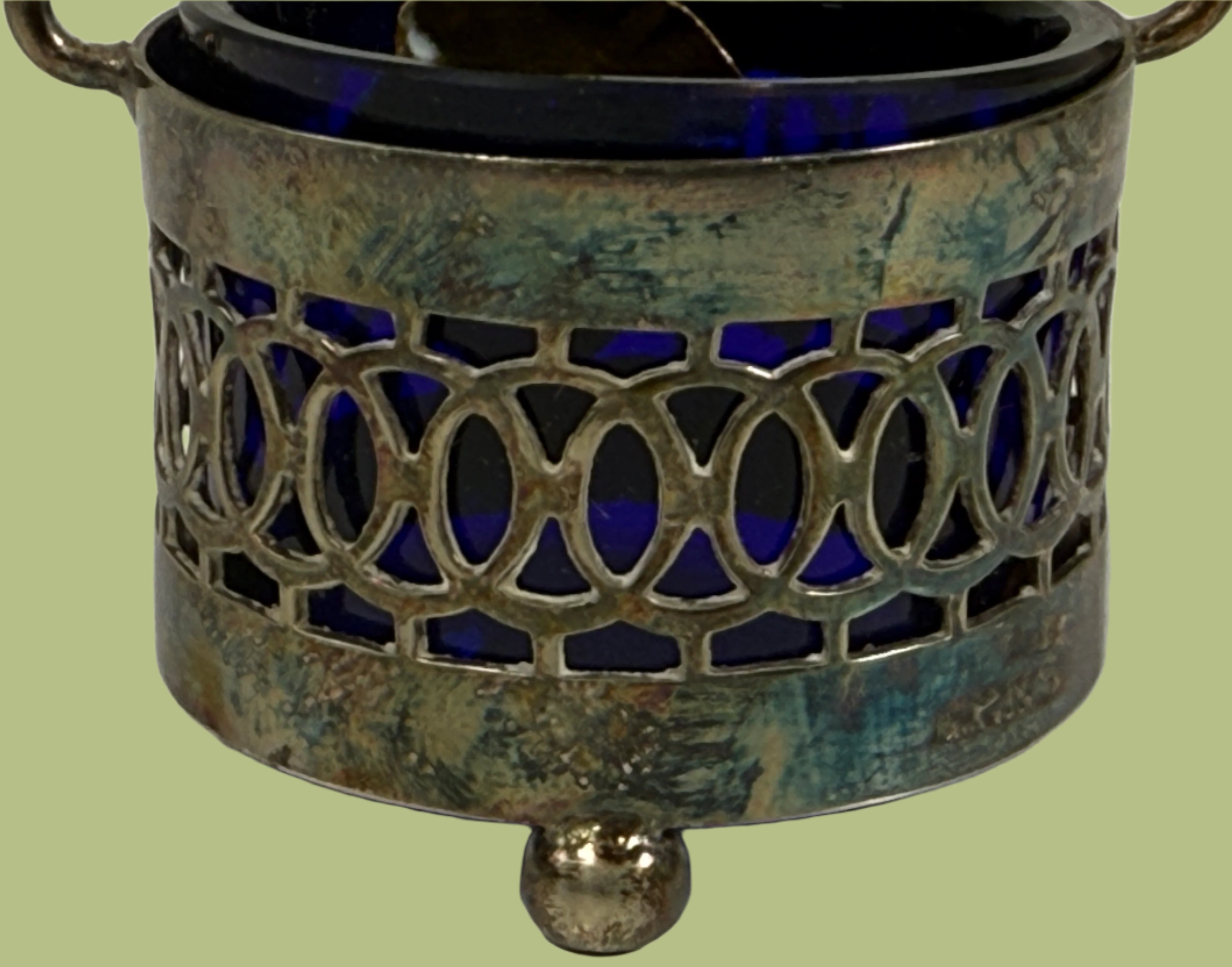 Set of 4 Vintage Cobalt Blue Glass Salt Cellars with Silverplate Holders & Miniature Spoons