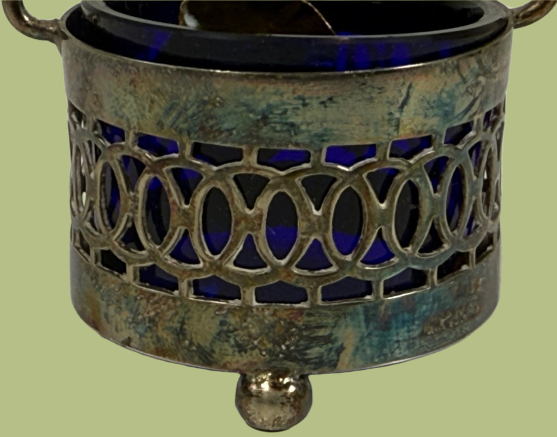 Set of 4 Vintage Cobalt Blue Glass Salt Cellars with Silverplate Holders & Miniature Spoons