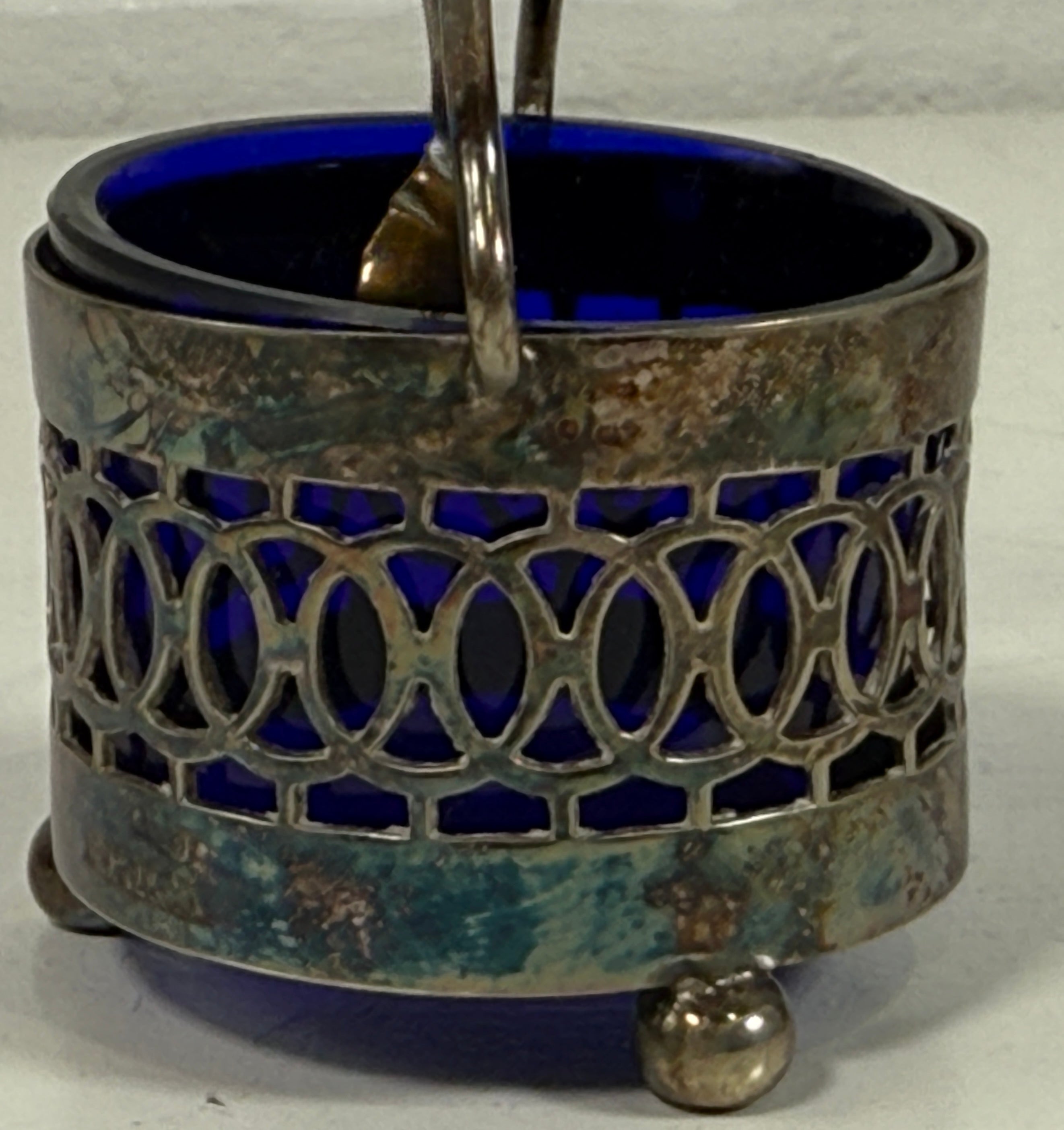 Set of 4 Vintage Cobalt Blue Glass Salt Cellars with Silverplate Holders & Miniature Spoons