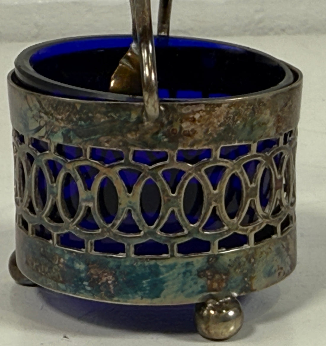 Set of 4 Vintage Cobalt Blue Glass Salt Cellars with Silverplate Holders & Miniature Spoons