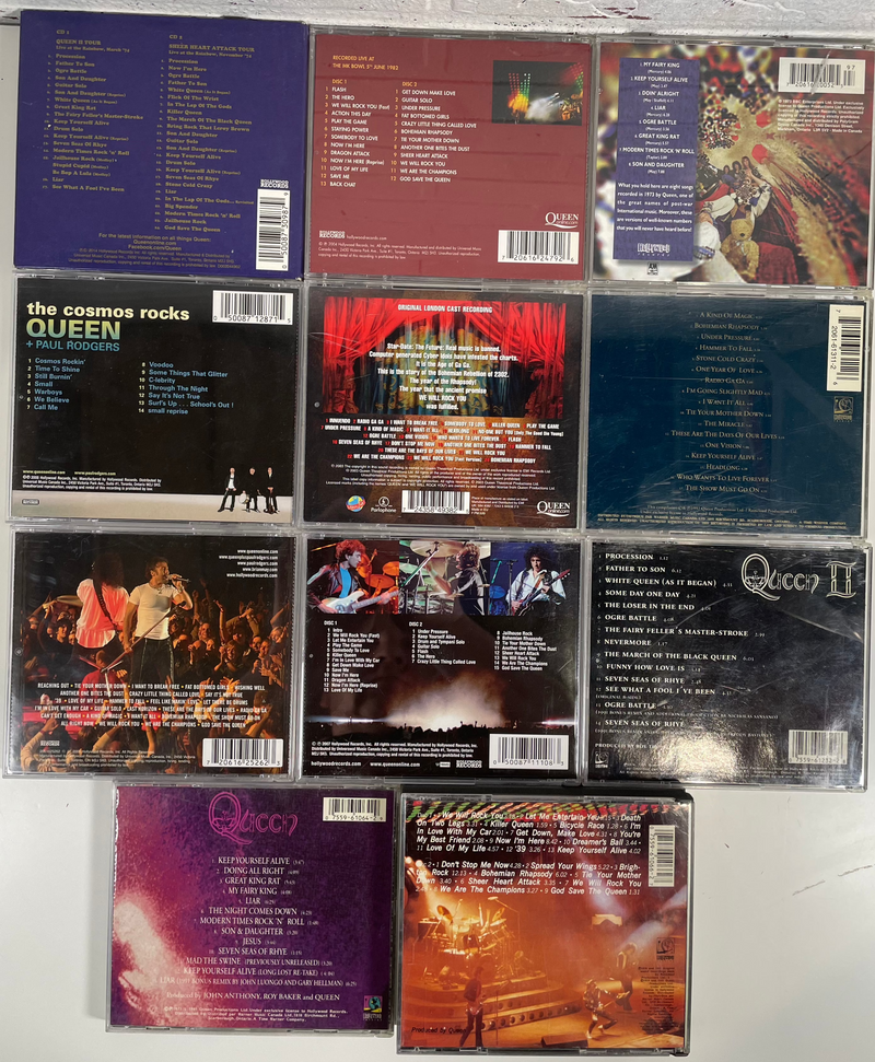 Lot de 10 CD, Queen, incluant , Queen II, Queen at the BBC, Live at the Bowl. Rock Montréal.