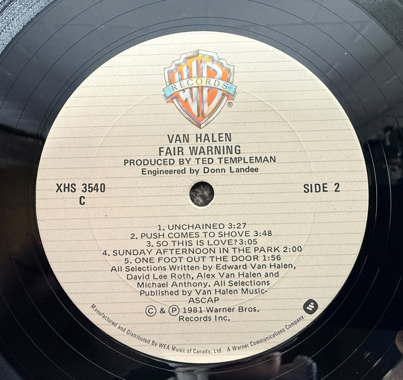 1981 Van Halen, Fair Warning LP, Warner Bros Canadian Pressing., XHS 350.
