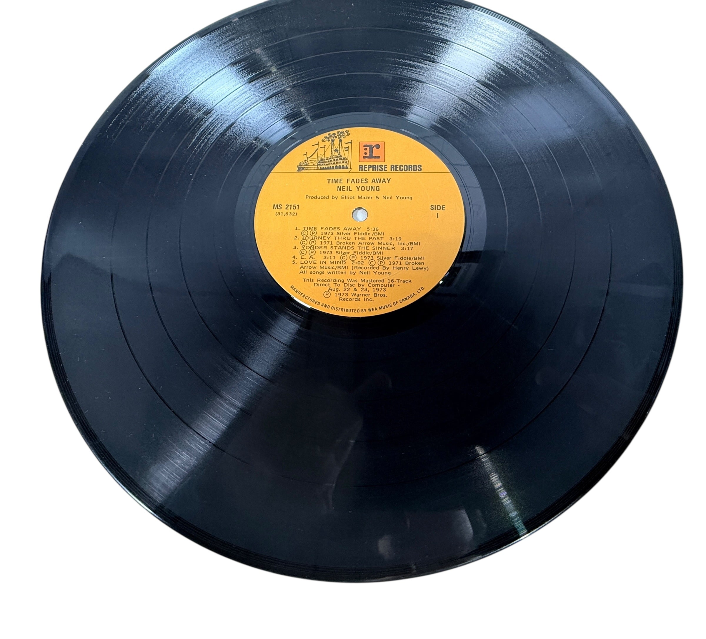 Original 1973 Neil Young Time Fades Away LP Canadian pressing with insert. Classic live-era vinyl album in VG condition, collectible Reprise Records issue.