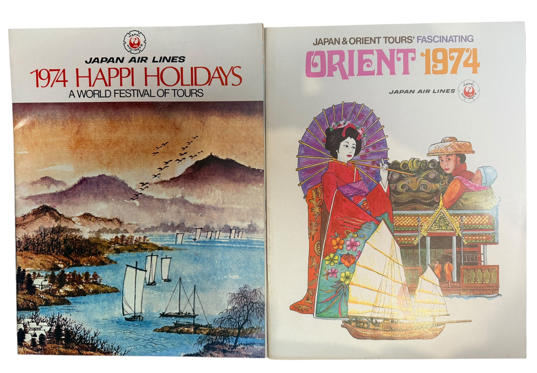 Vintage 1974 Japan Air Lines travel brochures featuring Japan and Orient tours. Classic airline ephemera with retro travel graphics and collectible appeal.