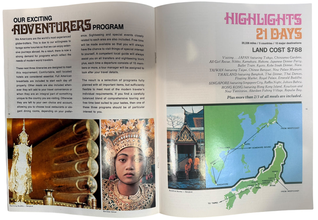 Vintage 1974 Japan Air Lines travel brochures featuring Japan and Orient tours. Classic airline ephemera with retro travel graphics and collectible appeal.