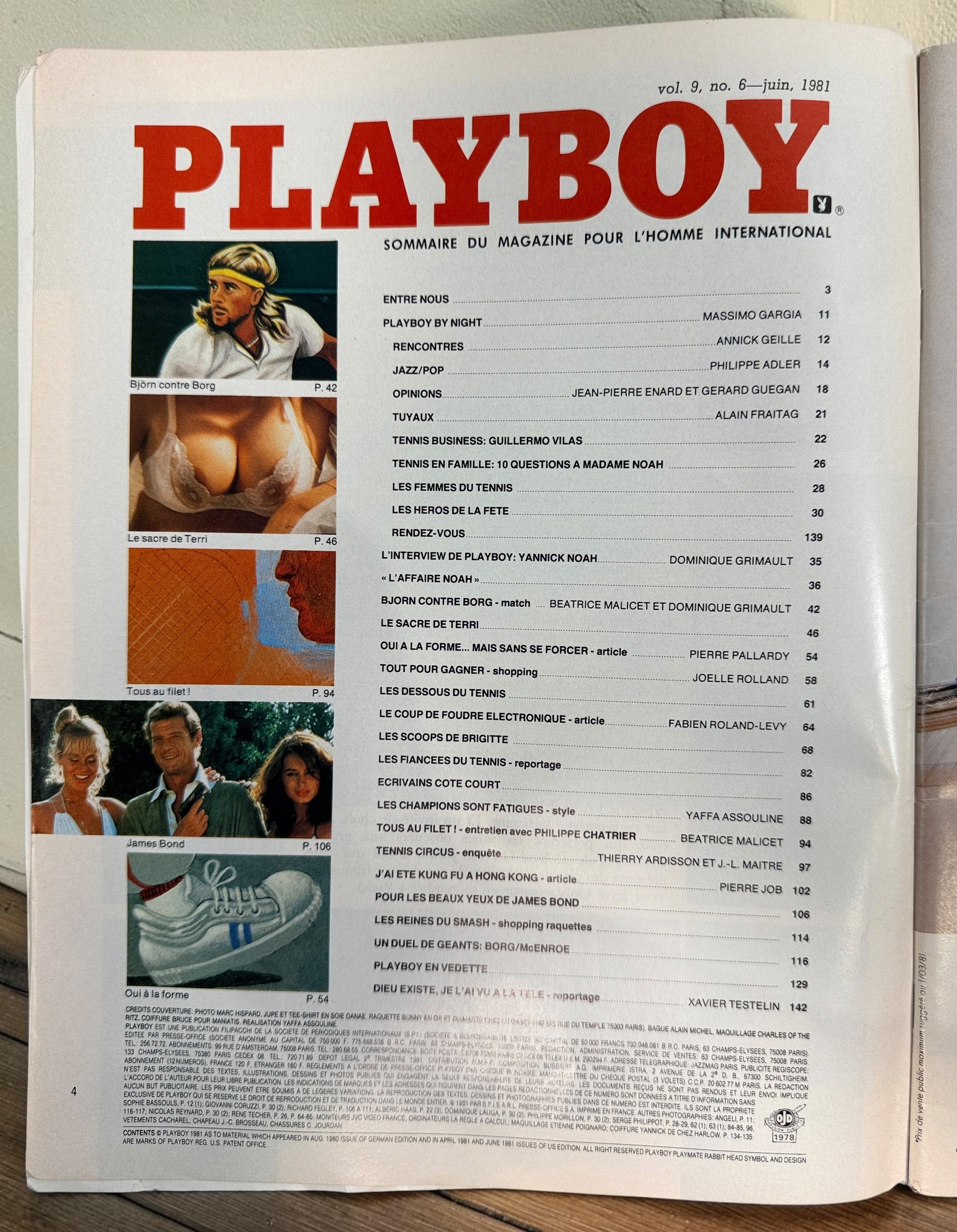 Vintage French Playboy No. 91, June 1981. Special tennis issue featuring Yannick Noah, Björn Borg, Guillermo Vilas, fashion and James Bond.