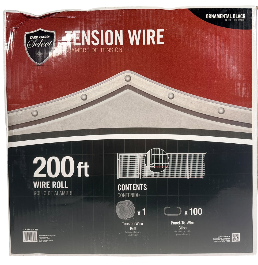 200ft black fence tension wire roll by Yard Gard Select. New old stock fencing hardware with clips included. Great value for fence repair or installation projects.