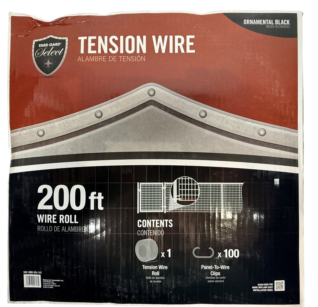 200ft black fence tension wire roll by Yard Gard Select. New old stock fencing hardware with clips included. Great value for fence repair or installation projects.