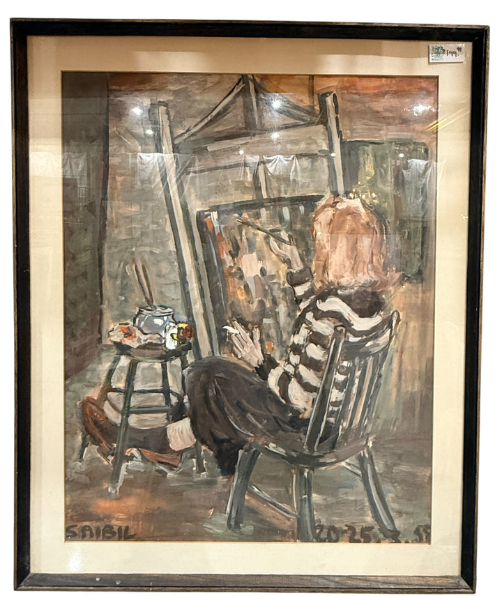 Original contemporary painting signed Saibil, framed figurative studio scene artwork. Modern decorative art piece ready to hang, ideal for home or office display.