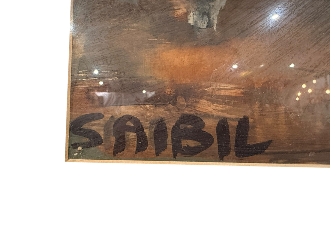 Original contemporary painting signed Saibil, framed figurative studio scene artwork. Modern decorative art piece ready to hang, ideal for home or office display.