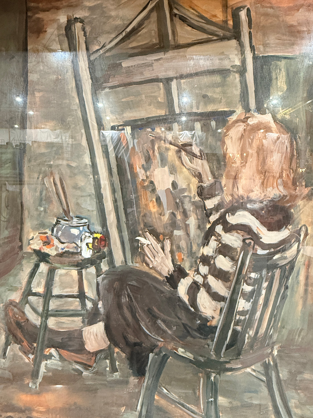 Original contemporary painting signed Saibil, framed figurative studio scene artwork. Modern decorative art piece ready to hang, ideal for home or office display.