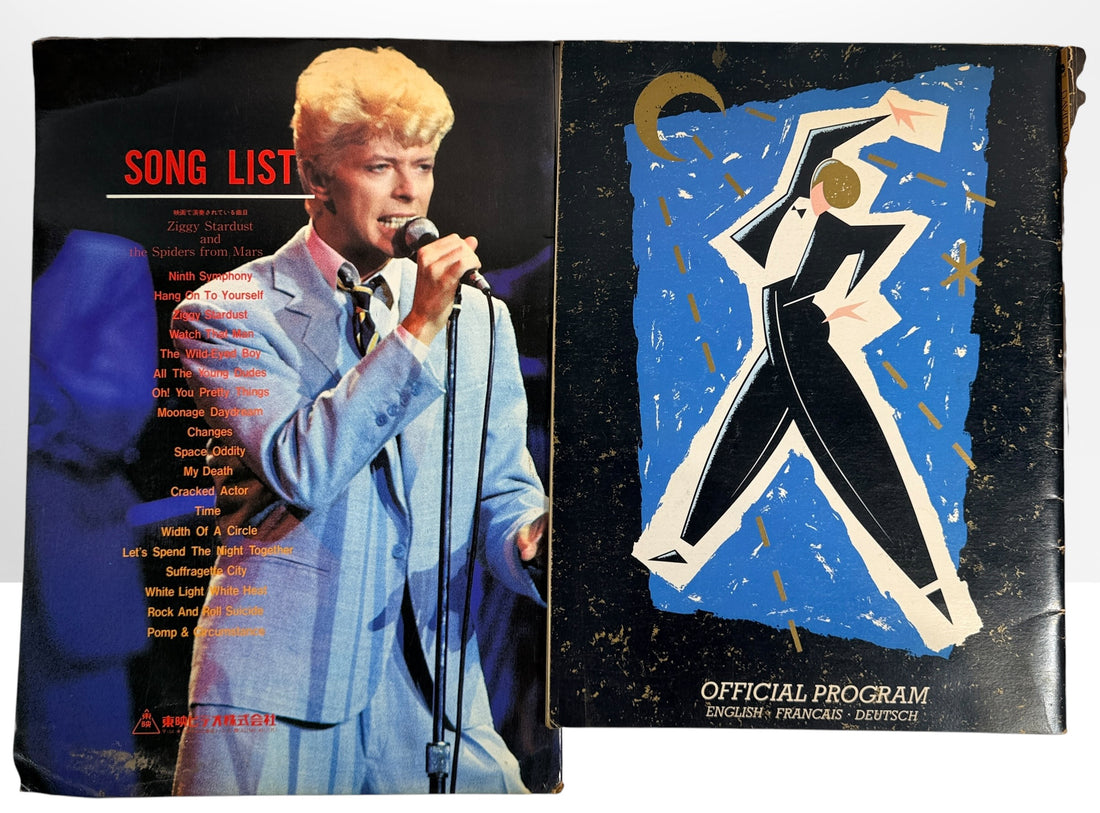 Vintage David Bowie 4-piece memorabilia lot with Japanese Ziggy Stardust program, 1983 Serious Moonlight tour programs and illustrated Bowie book.