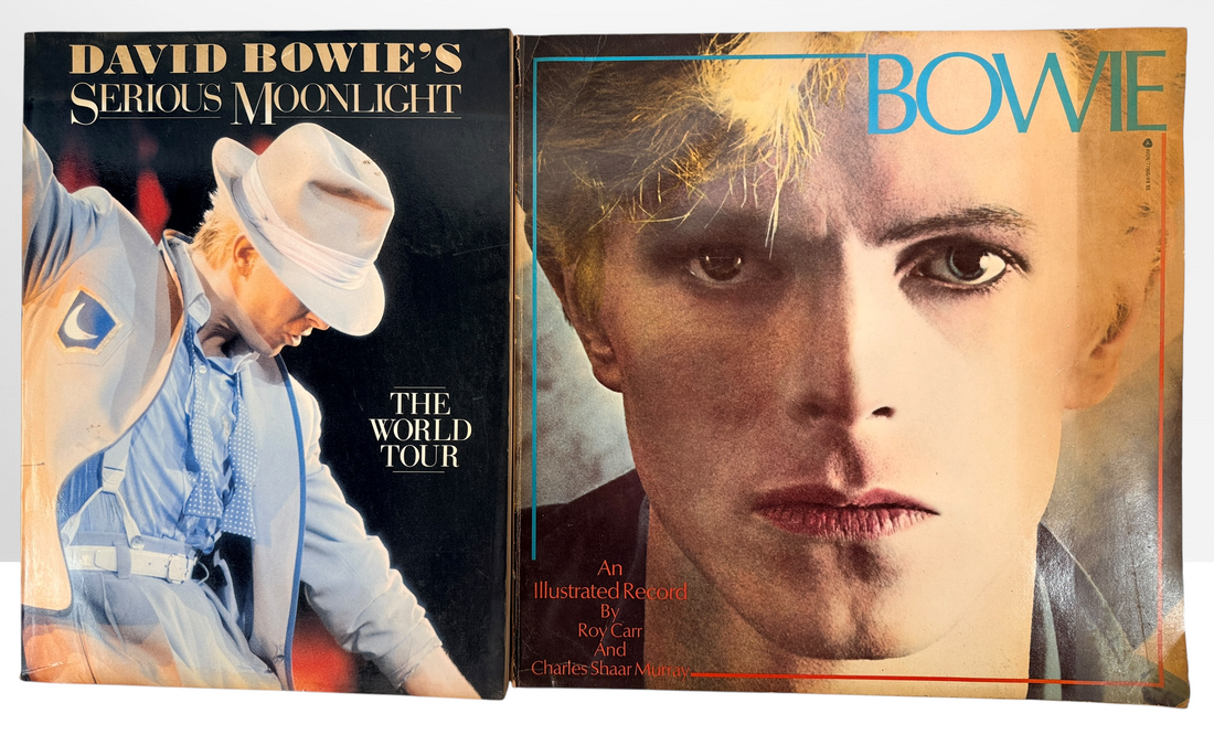 Vintage David Bowie 4-piece memorabilia lot with Japanese Ziggy Stardust program, 1983 Serious Moonlight tour programs and illustrated Bowie book.