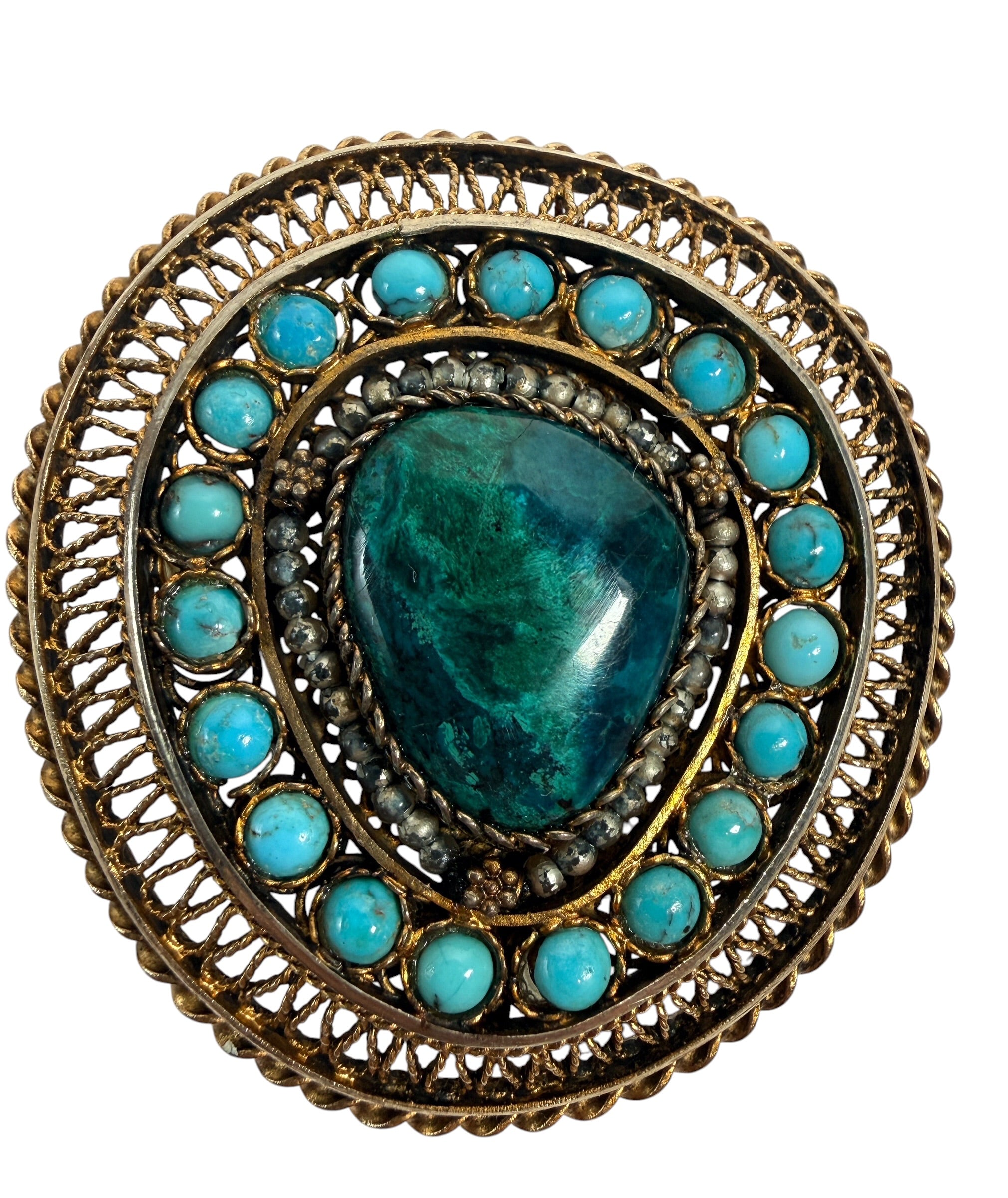 Vintage Israeli 925 sterling silver filigree brooch with attributed Eilat stone and turquoise cabochons. 21.56 g, 2 in, marked Israel.