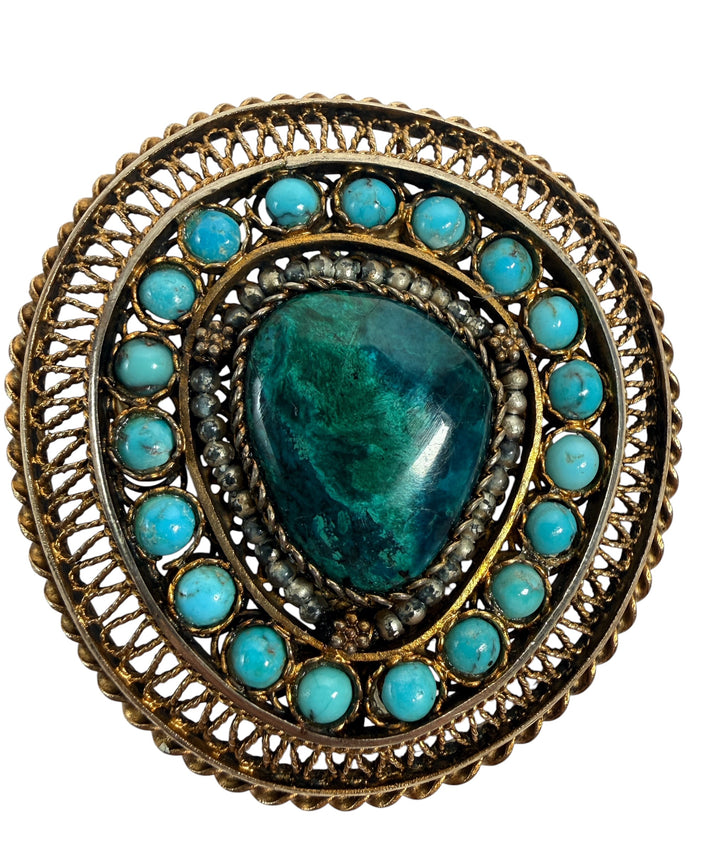 Vintage Israeli 925 sterling silver filigree brooch with attributed Eilat stone and turquoise cabochons. 21.56 g, 2 in, marked Israel.