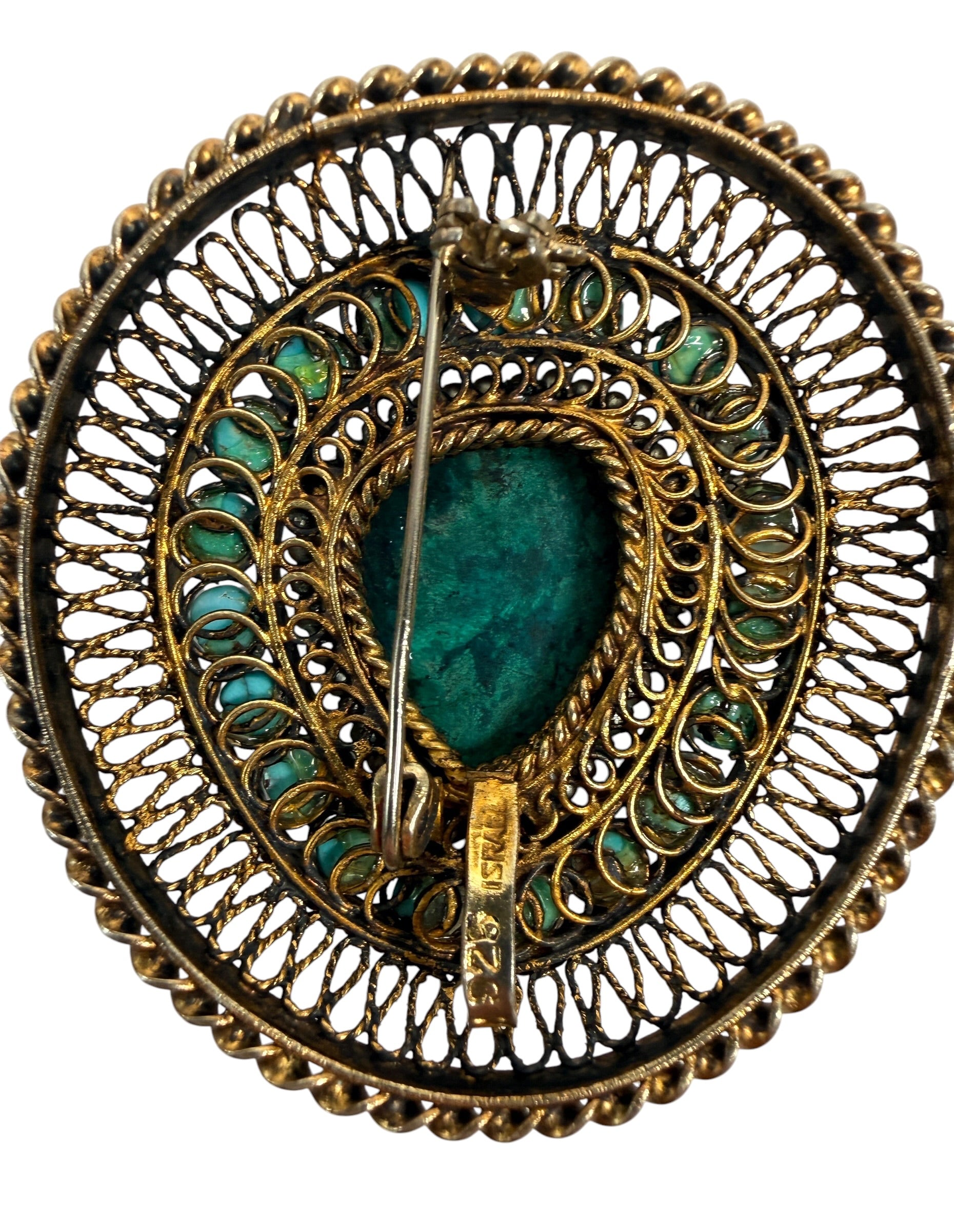 Vintage Israeli 925 sterling silver filigree brooch with attributed Eilat stone and turquoise cabochons. 21.56 g, 2 in, marked Israel.