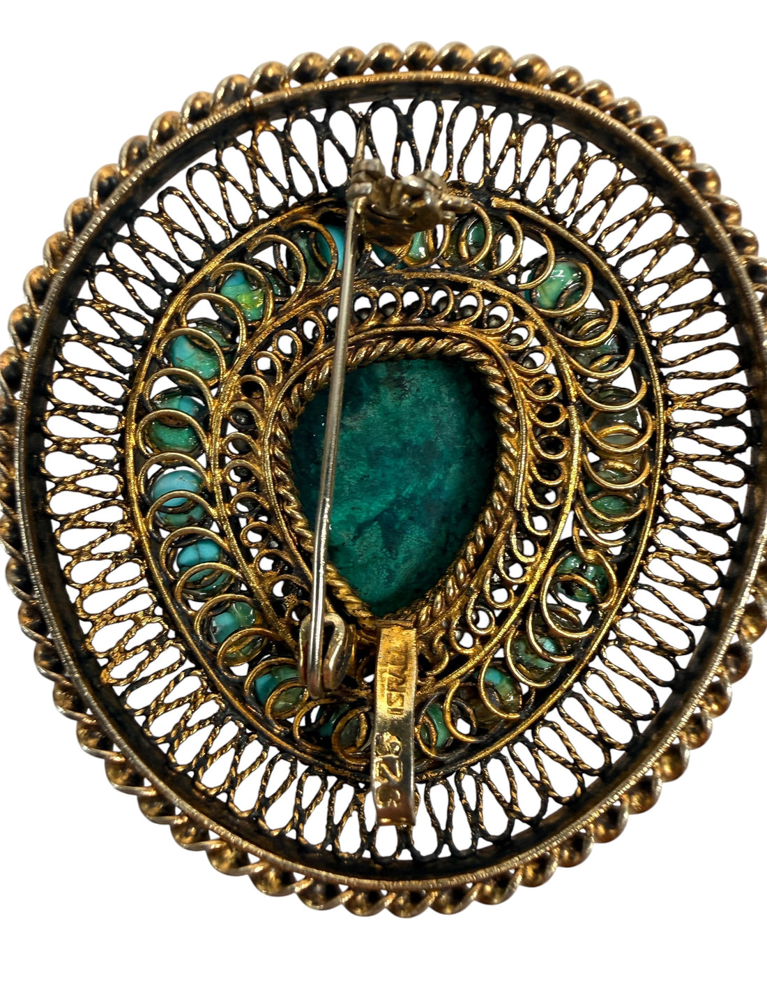 Vintage Israeli 925 sterling silver filigree brooch with attributed Eilat stone and turquoise cabochons. 21.56 g, 2 in, marked Israel.