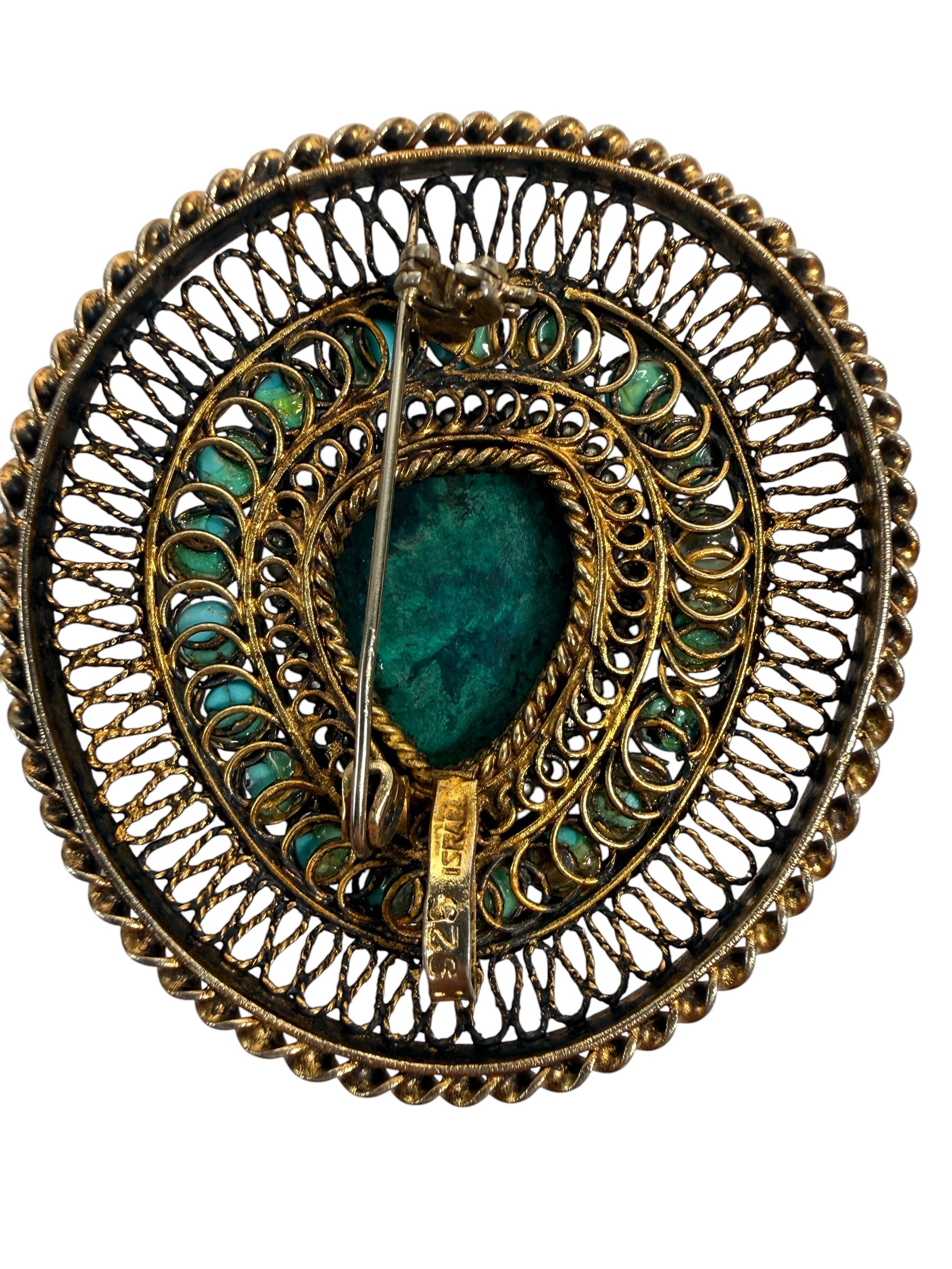 Vintage Israeli 925 sterling silver filigree brooch with attributed Eilat stone and turquoise cabochons. 21.56 g, 2 in, marked Israel.