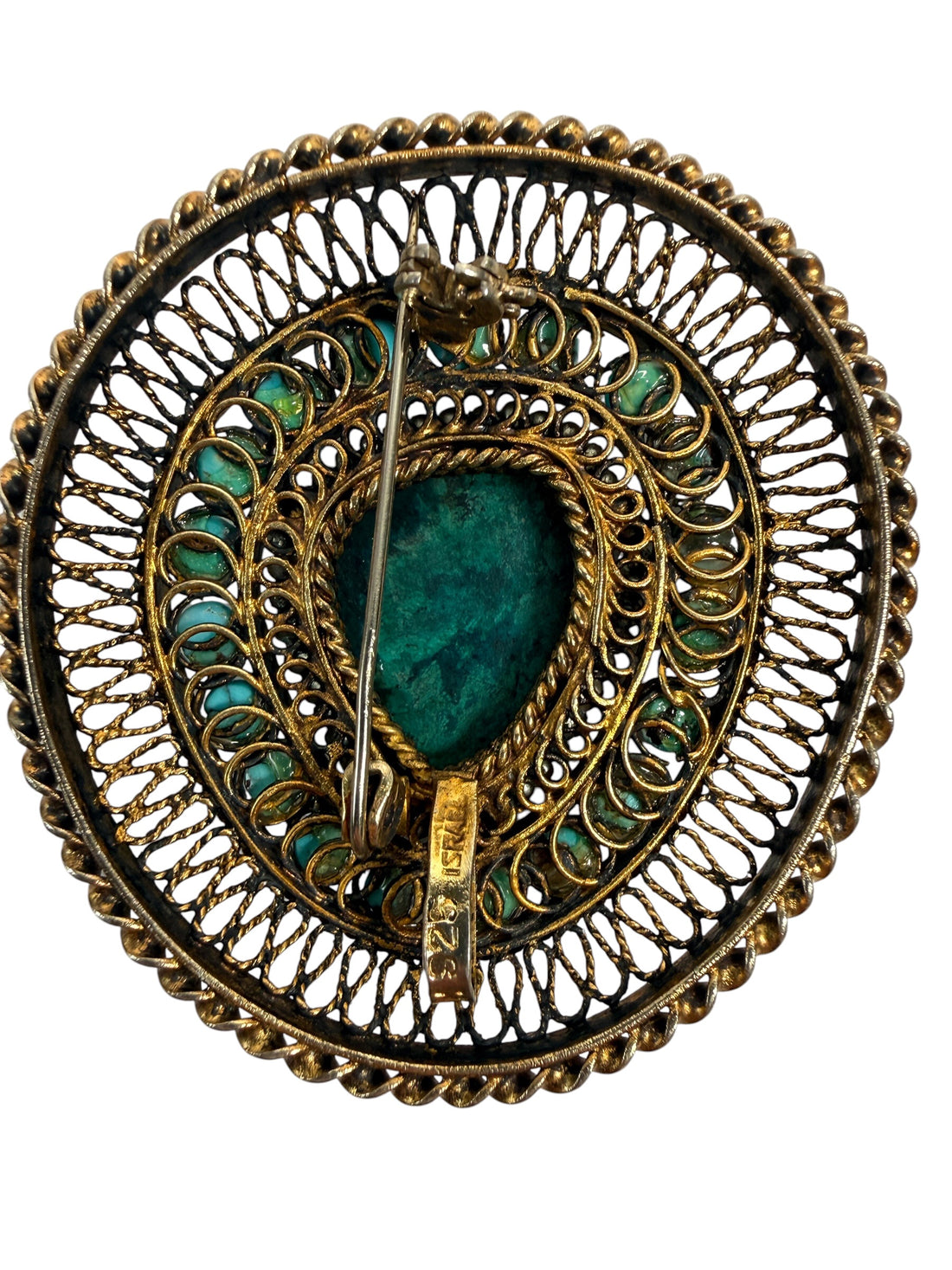 Vintage Israeli 925 sterling silver filigree brooch with attributed Eilat stone and turquoise cabochons. 21.56 g, 2 in, marked Israel.