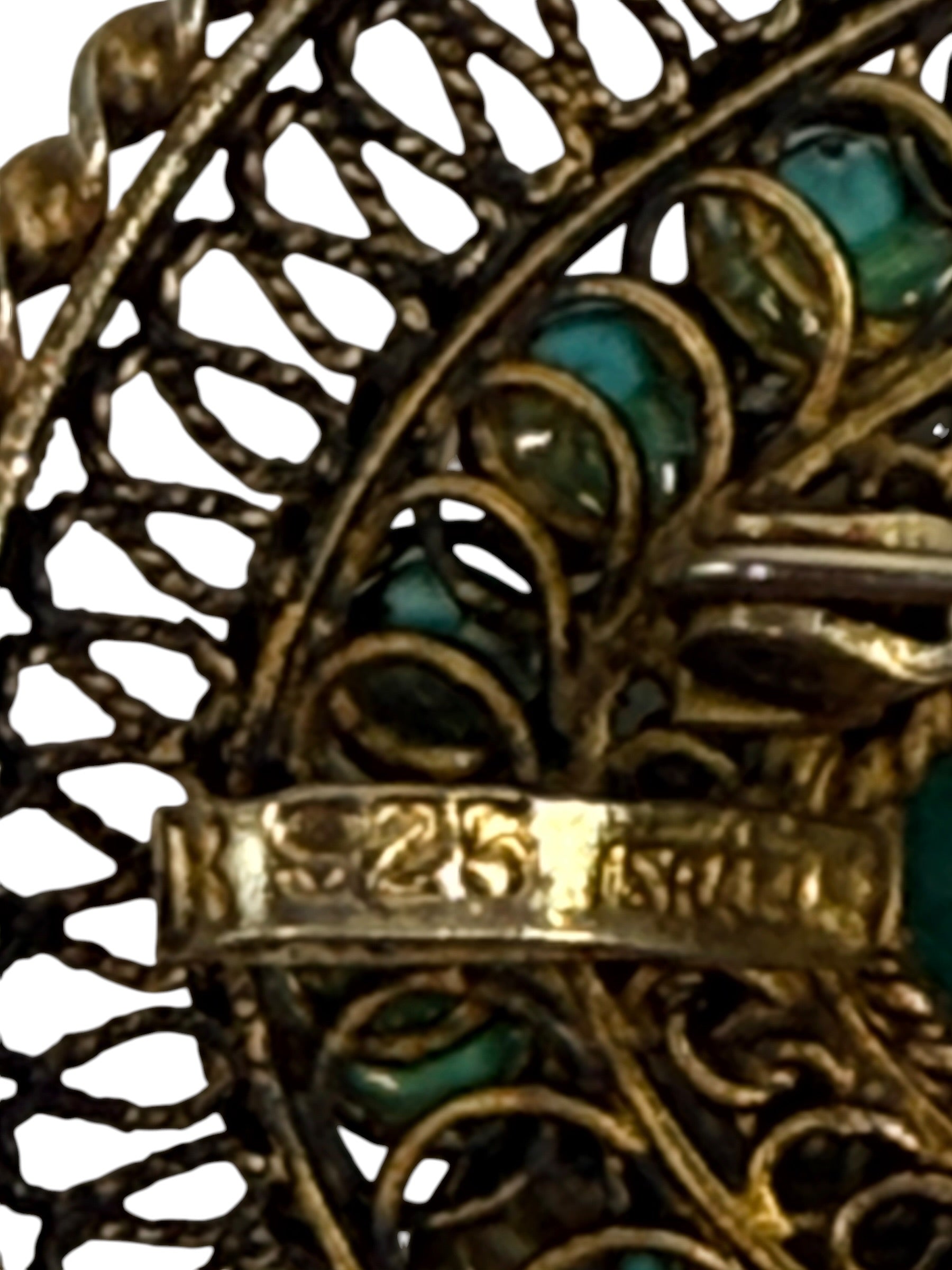 Vintage Israeli 925 sterling silver filigree brooch with attributed Eilat stone and turquoise cabochons. 21.56 g, 2 in, marked Israel.