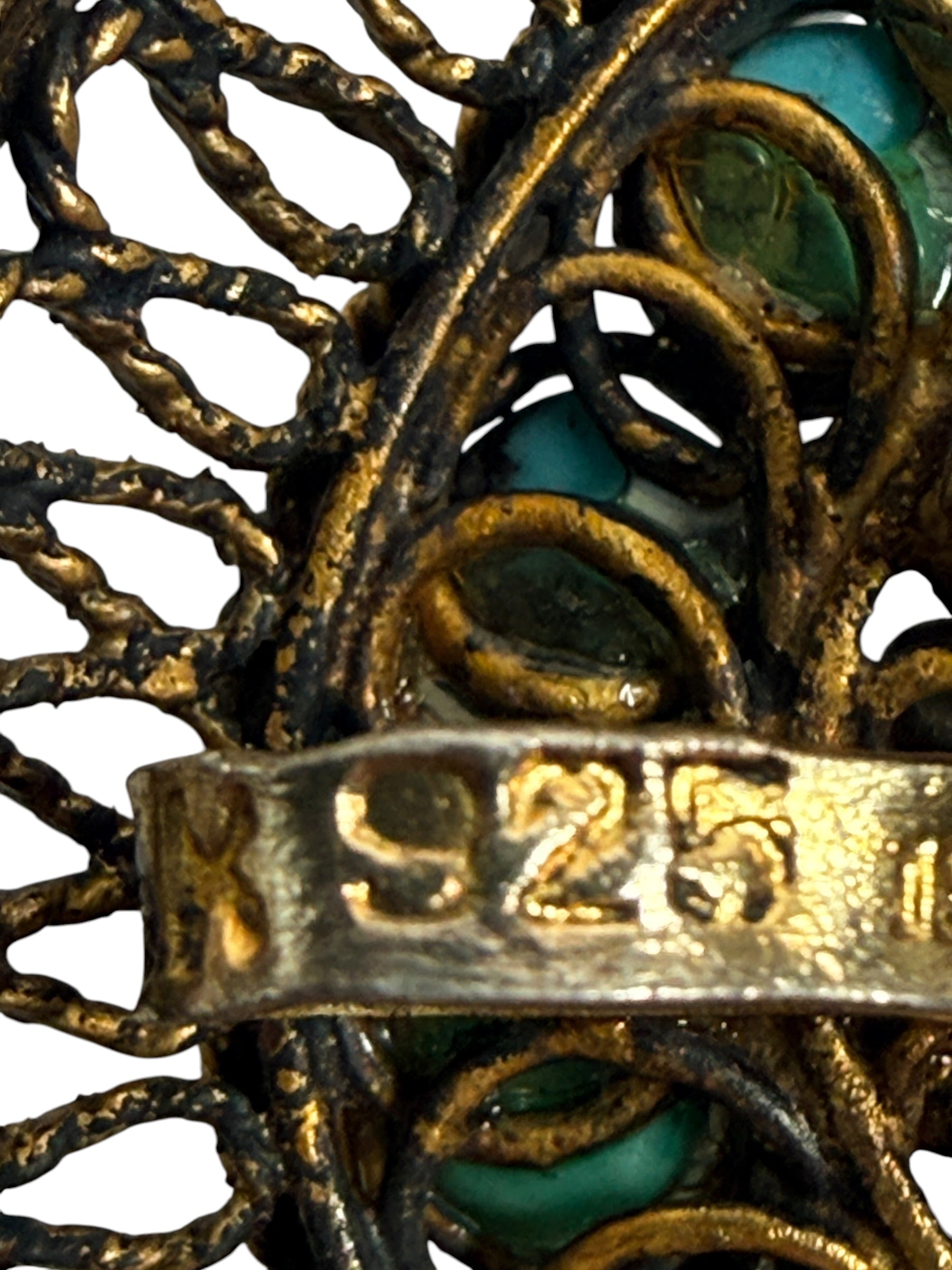 Vintage Israeli 925 sterling silver filigree brooch with attributed Eilat stone and turquoise cabochons. 21.56 g, 2 in, marked Israel.