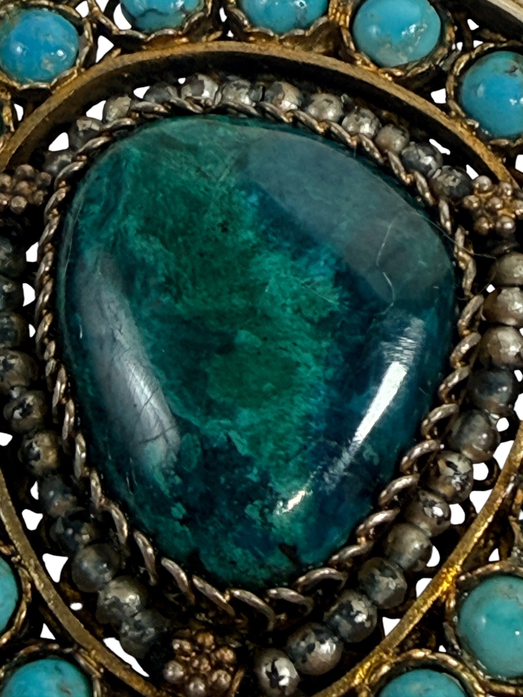 Vintage Israeli 925 sterling silver filigree brooch with attributed Eilat stone and turquoise cabochons. 21.56 g, 2 in, marked Israel.