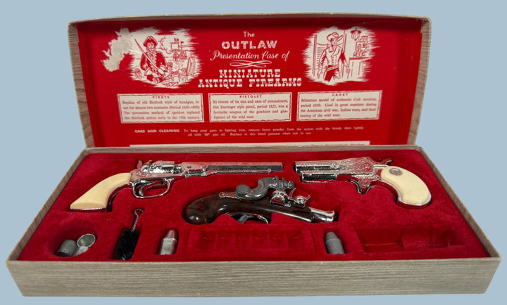 Vintage B.C.M. “Outlaw” Miniature Antique Firearms Set – Made in England – 3 Pistols – Partial Accessories