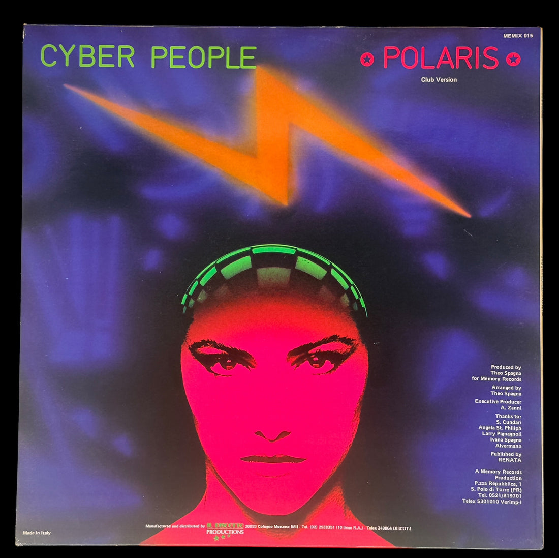 Original 1984 Cyber People Polaris Italian Italo disco 12in single. Vintage Memory Records club mix vinyl with sleeve. Collectible Euro synth disco classic.