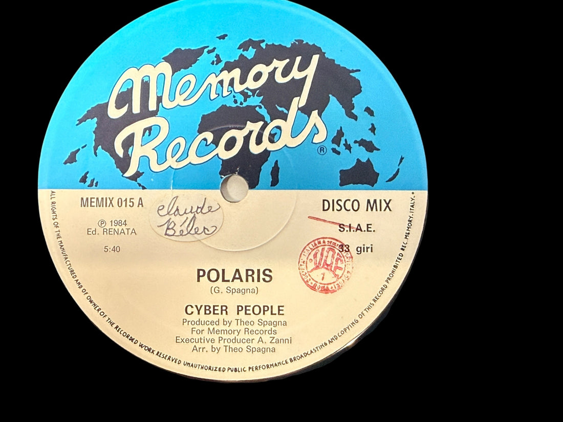 Record label from Memory Records with 'Polaris' by Cyber People on a black background