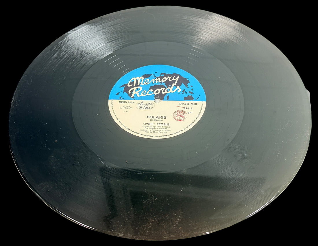 Original 1984 Cyber People Polaris Italian Italo disco 12in single. Vintage Memory Records club mix vinyl with sleeve. Collectible Euro synth disco classic.