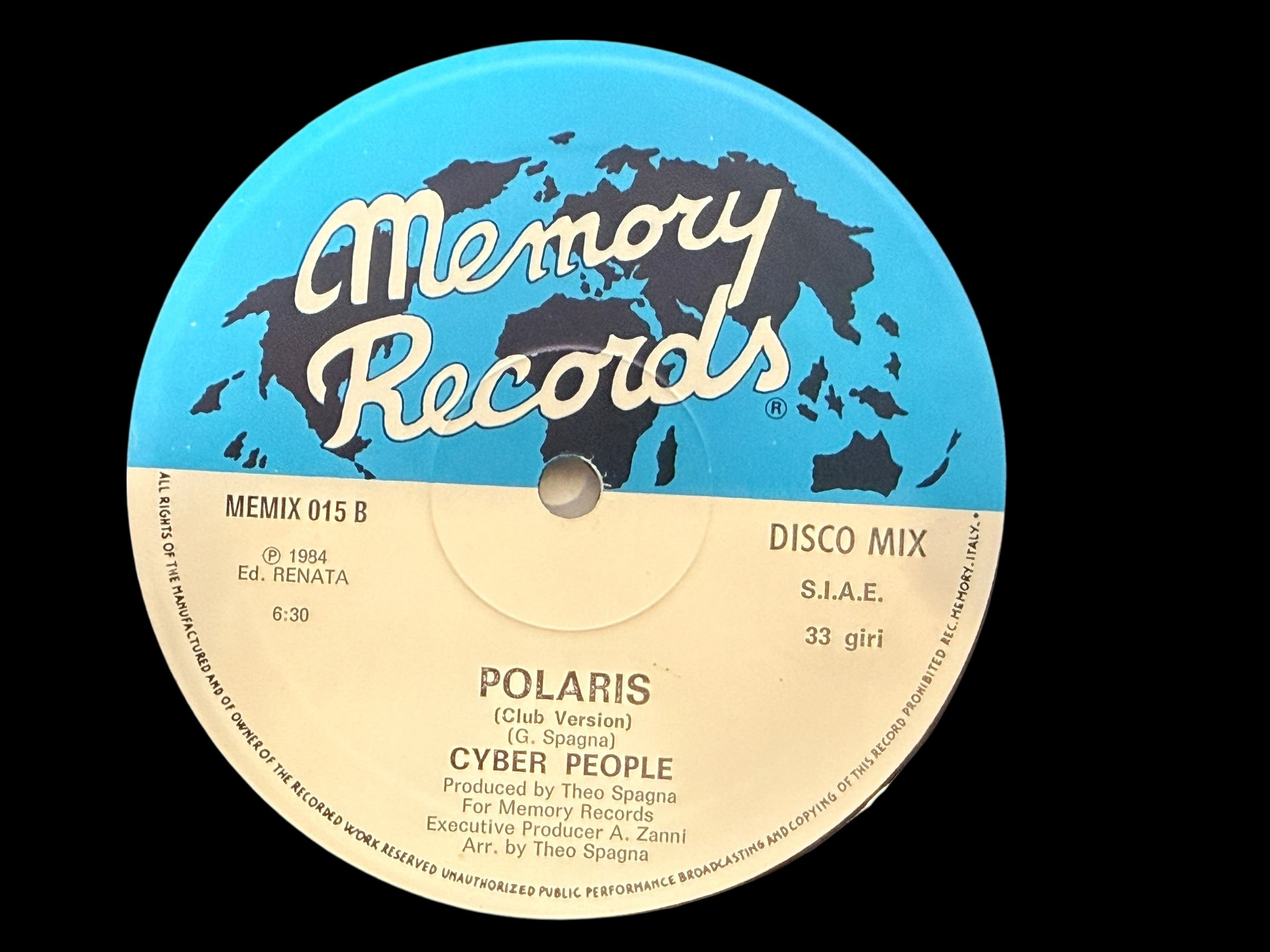 Original 1984 Cyber People Polaris Italian Italo disco 12in single. Vintage Memory Records club mix vinyl with sleeve. Collectible Euro synth disco classic.