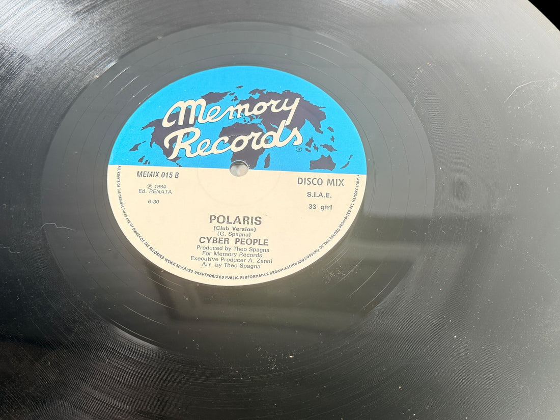 Original 1984 Cyber People Polaris Italian Italo disco 12in single. Vintage Memory Records club mix vinyl with sleeve. Collectible Euro synth disco classic.