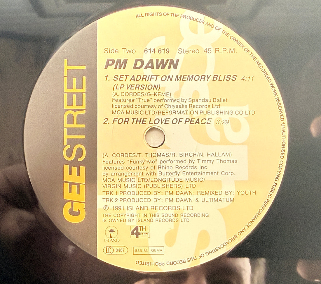 1991 PM Dawn Set Adrift On Memory Bliss 12 inch vinyl maxi single German pressing hip hop classic Gee Street Island Records collectible vintage record.