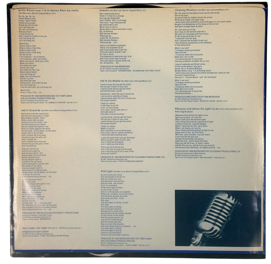 1990 Van Morrison Best Of vinyl LP Polydor Canadian pressing. Classic hits compilation with lyric sleeve. VG+ vinyl, VG sleeve, solid collector copy.