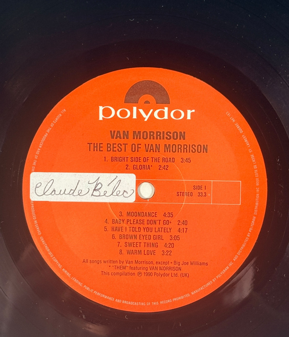 1990 Van Morrison Best Of vinyl LP Polydor Canadian pressing. Classic hits compilation with lyric sleeve. VG+ vinyl, VG sleeve, solid collector copy.