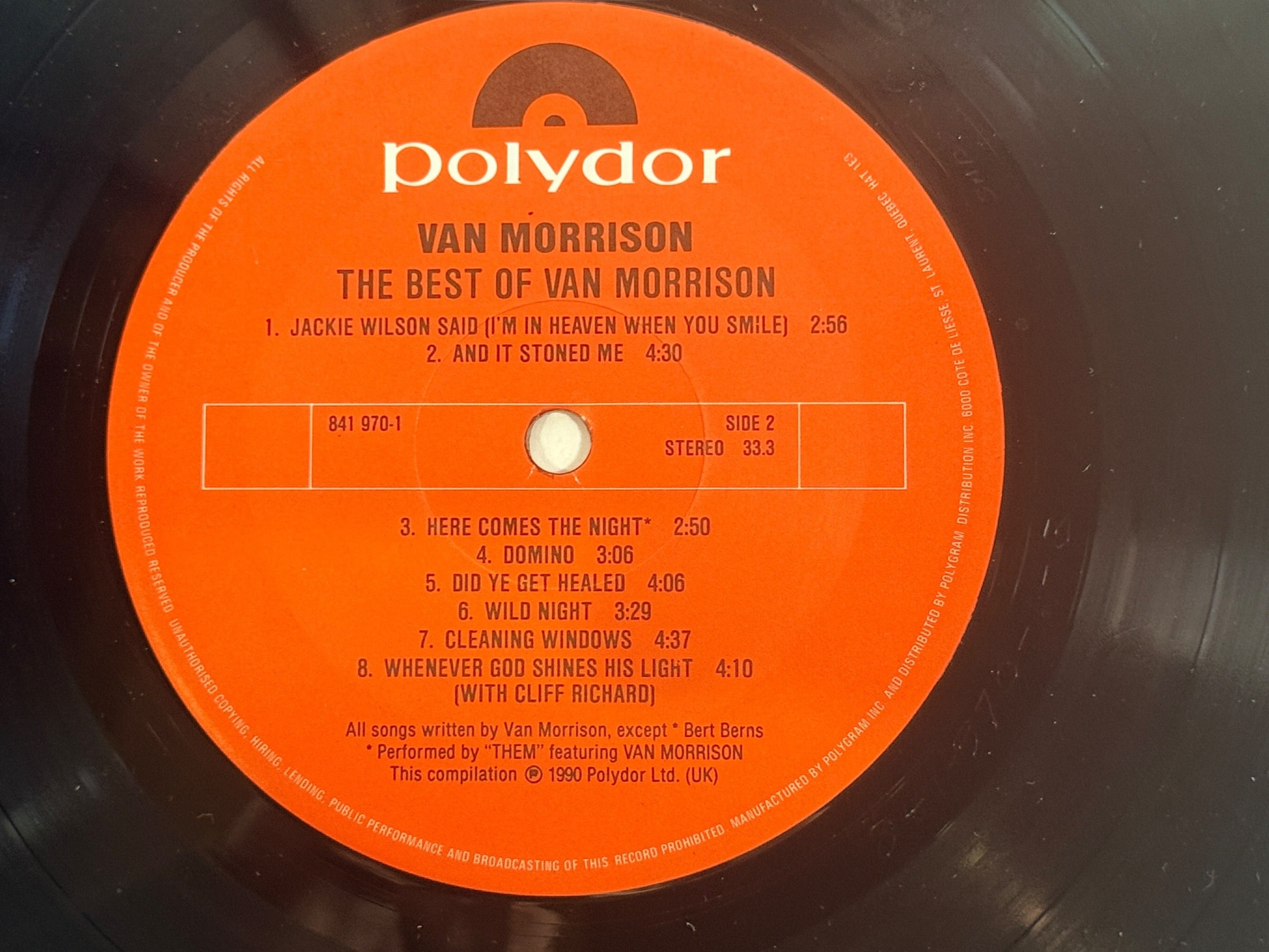 1990 Van Morrison Best Of vinyl LP Polydor Canadian pressing. Classic hits compilation with lyric sleeve. VG+ vinyl, VG sleeve, solid collector copy.