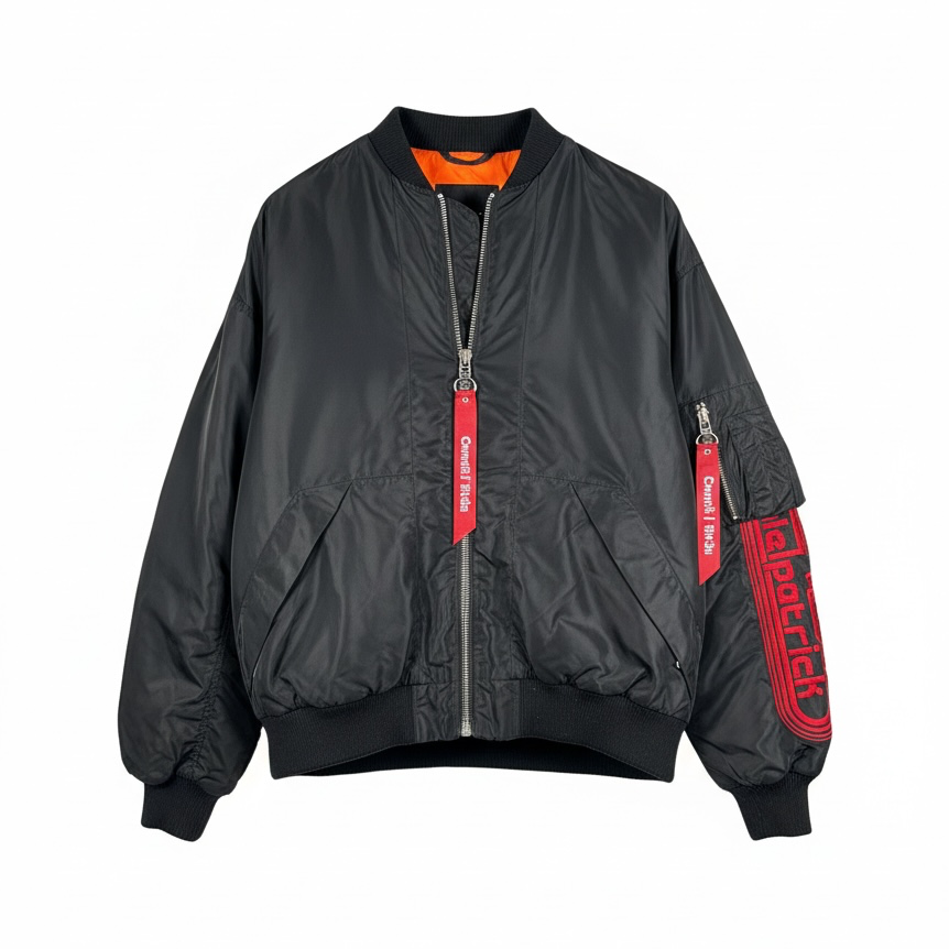 Daniel Patrick Los Angeles oversized black bomber jacket, size L, with orange lining, red embroidered sleeve logo and branded zipper pulls.