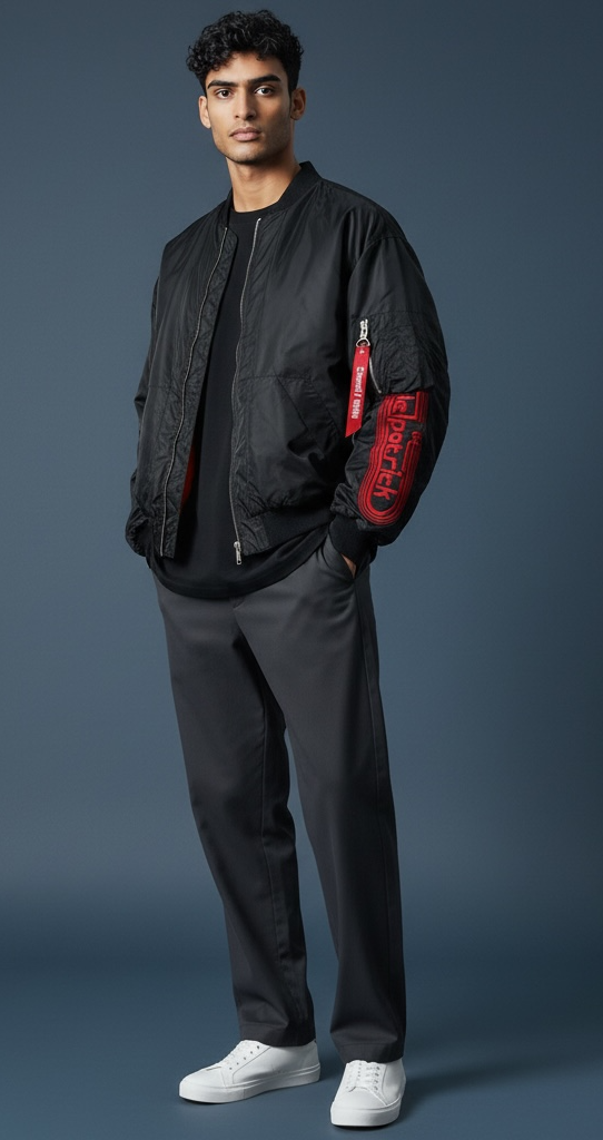 Daniel Patrick Los Angeles oversized black bomber jacket, size L, with orange lining, red embroidered sleeve logo and branded zipper pulls.