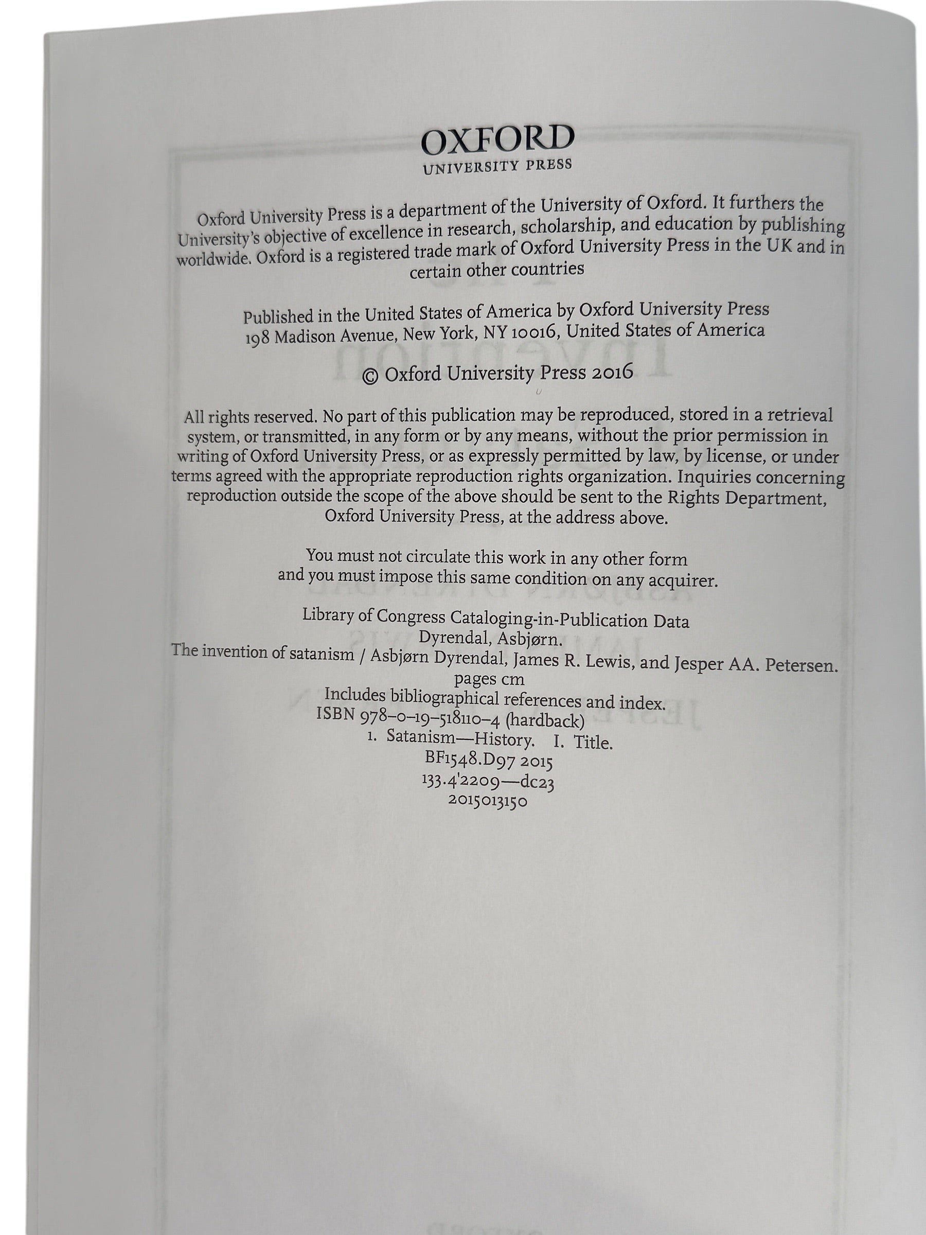 Oxford hardcover The Invention of Satanism 2016 academic religion study. Clean used copy with dust jacket, ideal for research or cultural studies