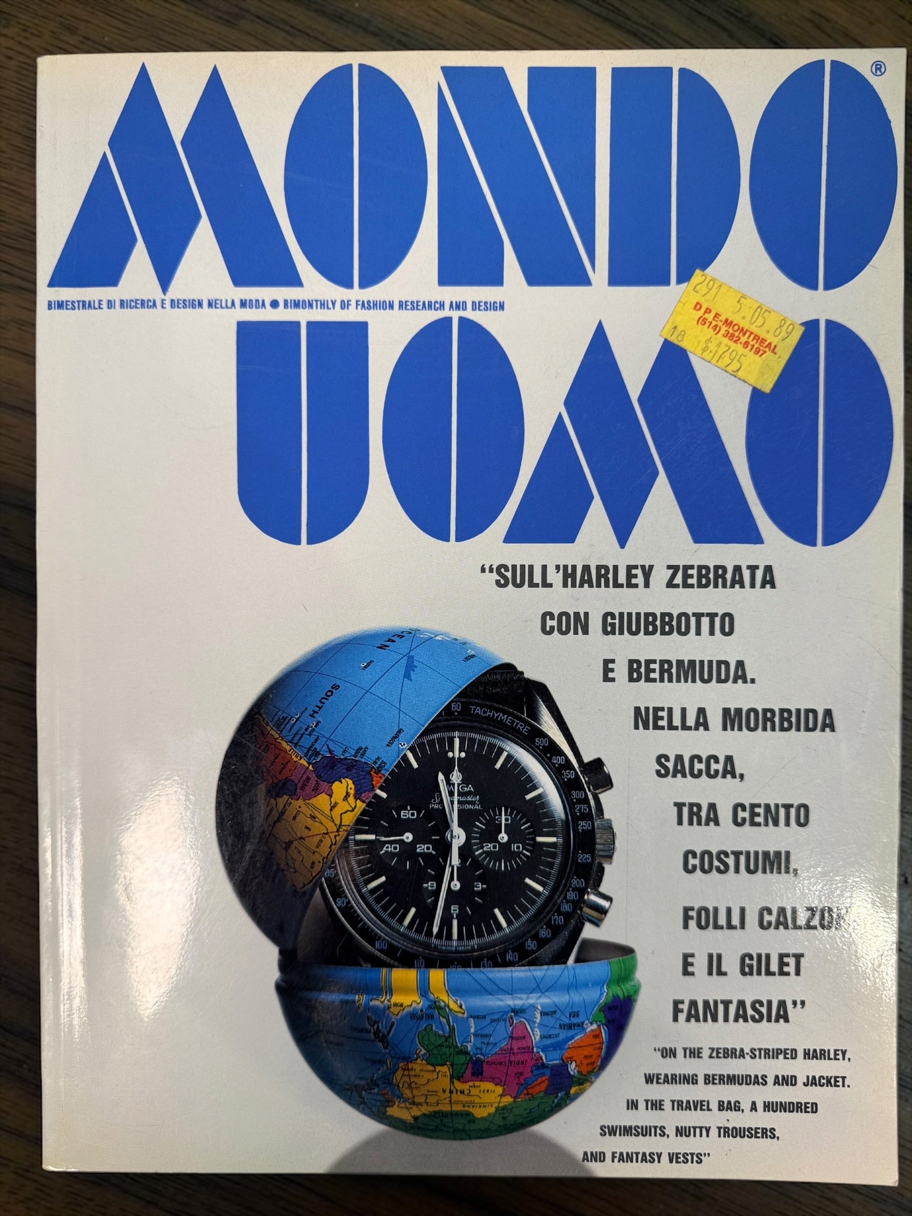 Mondo Uomo No. 49, April/May 1989 Italian men’s fashion magazine featuring an Omega Speedmaster cover, Cerruti 1881 and vintage 1980s style.