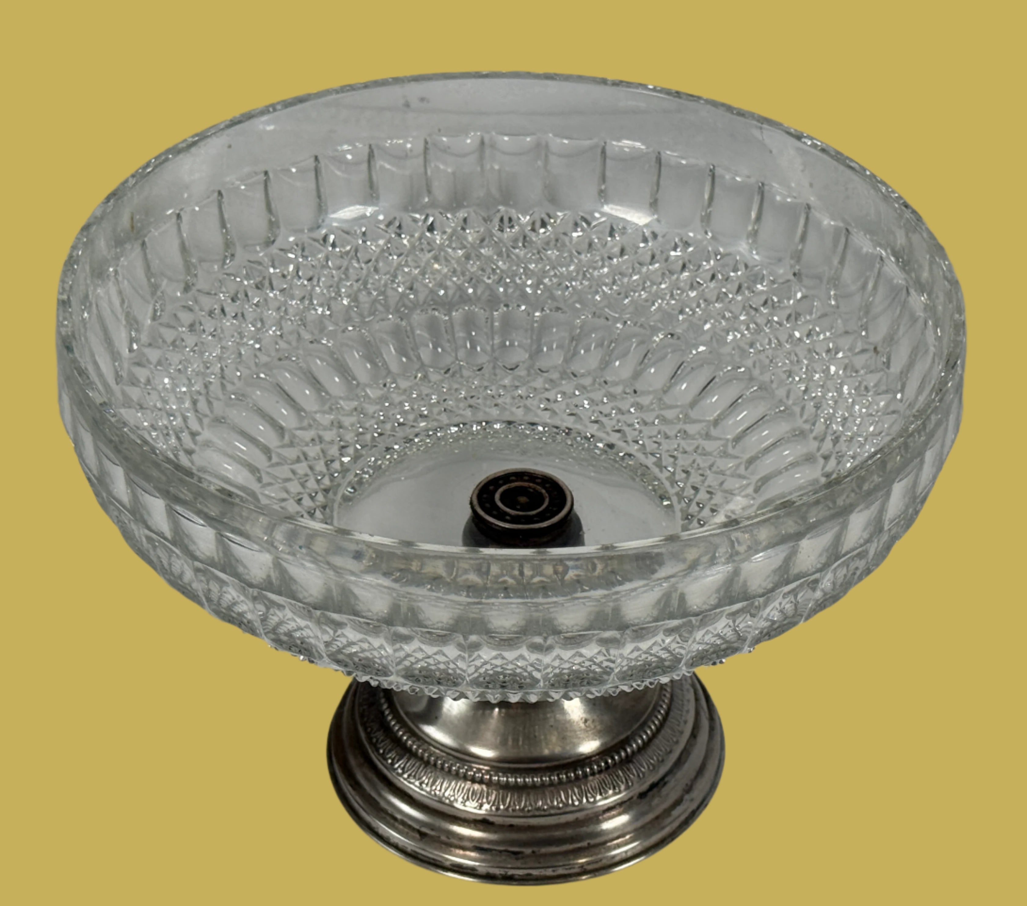 Vintage Pressed Glass Compote Bowl on Ornate Silver-Plated Pedestal Base – MCM Centerpiece
