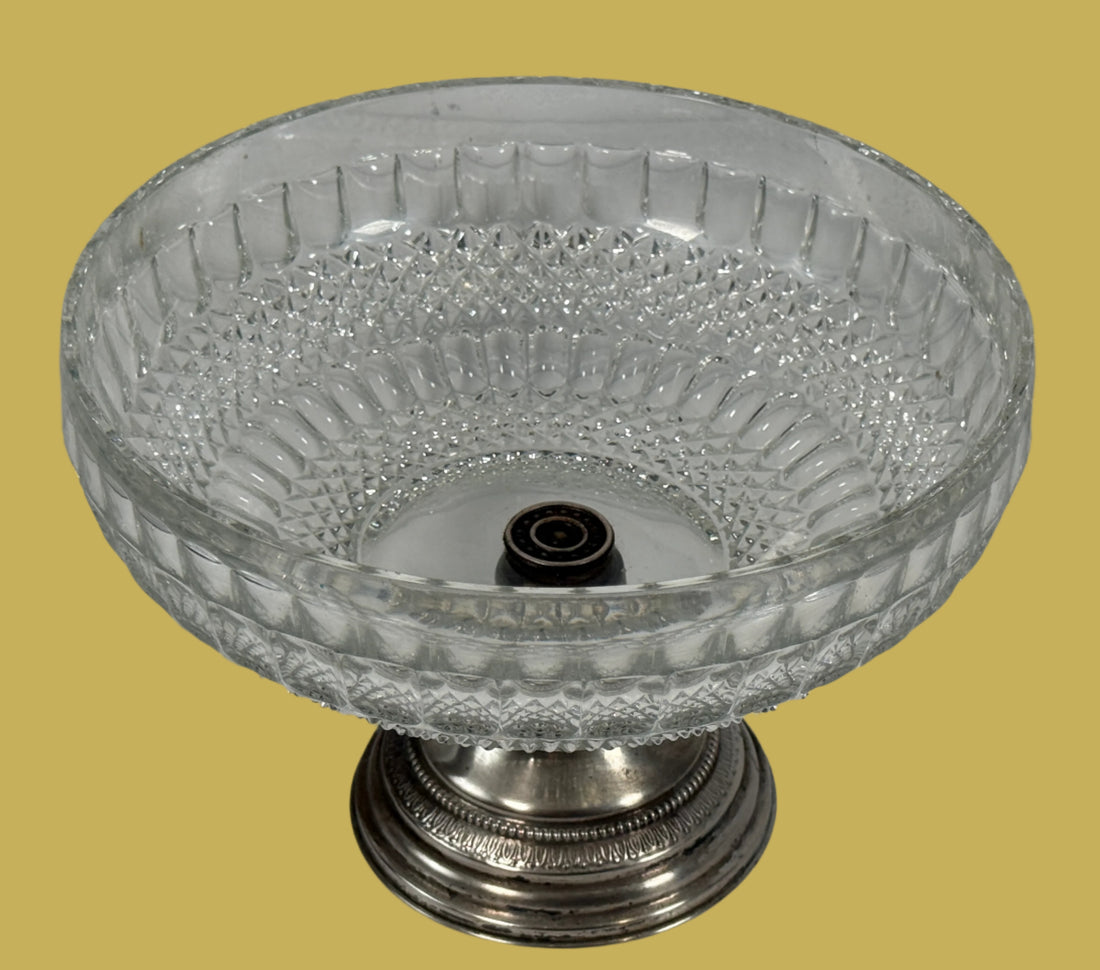 Vintage Pressed Glass Compote Bowl on Ornate Silver-Plated Pedestal Base – MCM Centerpiece