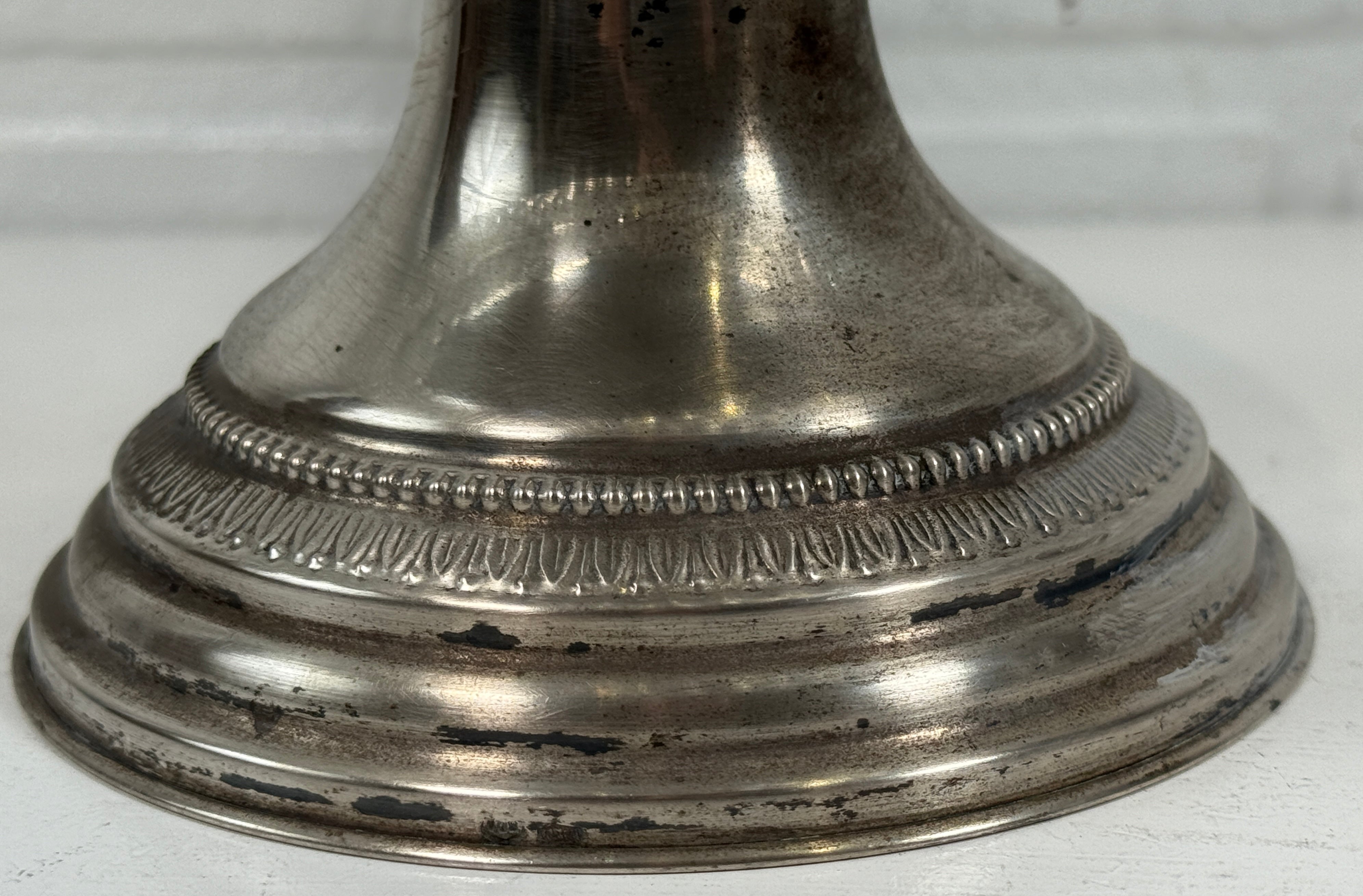 Vintage Pressed Glass Compote Bowl on Ornate Silver-Plated Pedestal Base – MCM Centerpiece