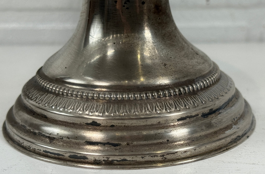 Vintage Pressed Glass Compote Bowl on Ornate Silver-Plated Pedestal Base – MCM Centerpiece