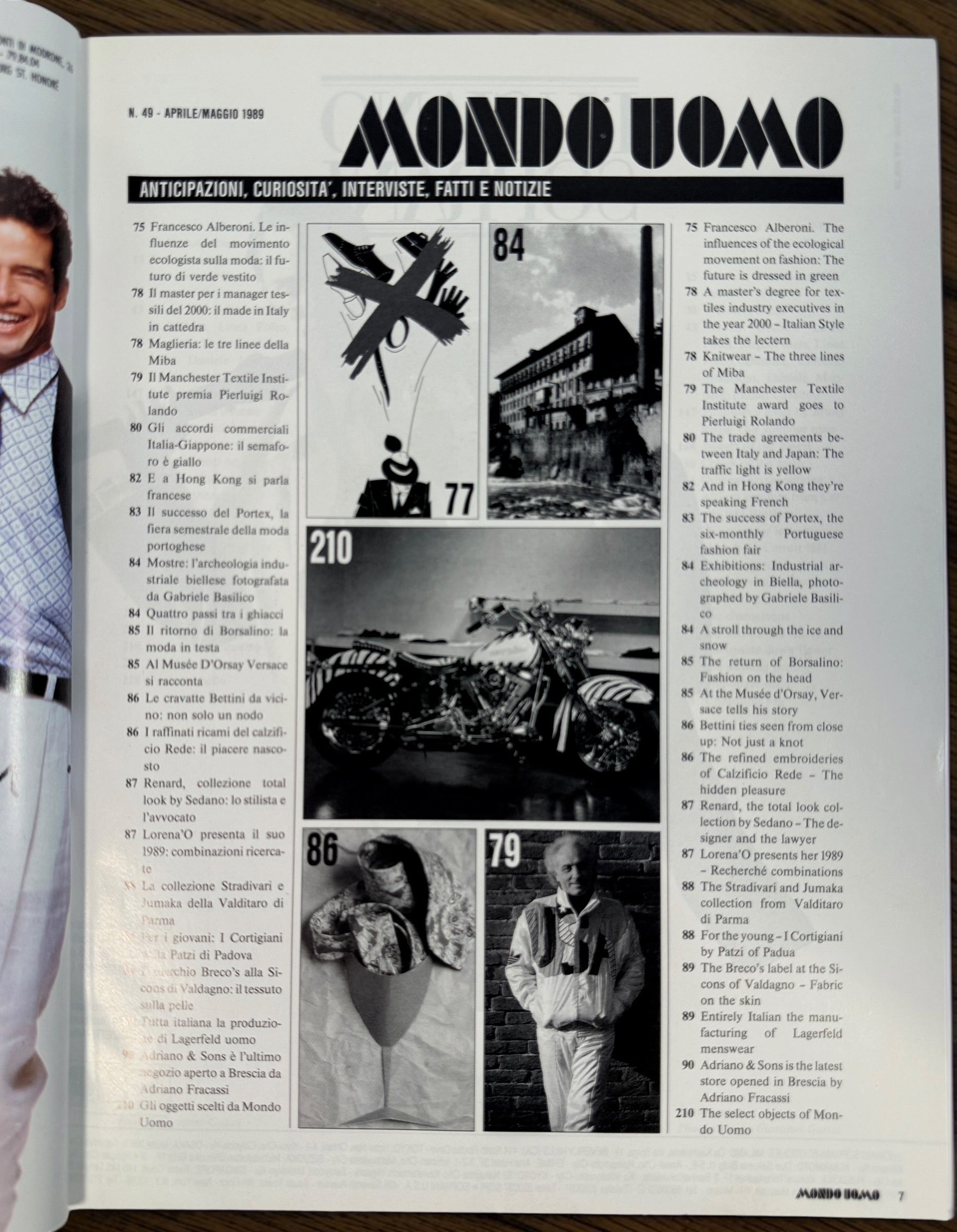 Mondo Uomo No. 49, April/May 1989 Italian men’s fashion magazine featuring an Omega Speedmaster cover, Cerruti 1881 and vintage 1980s style.