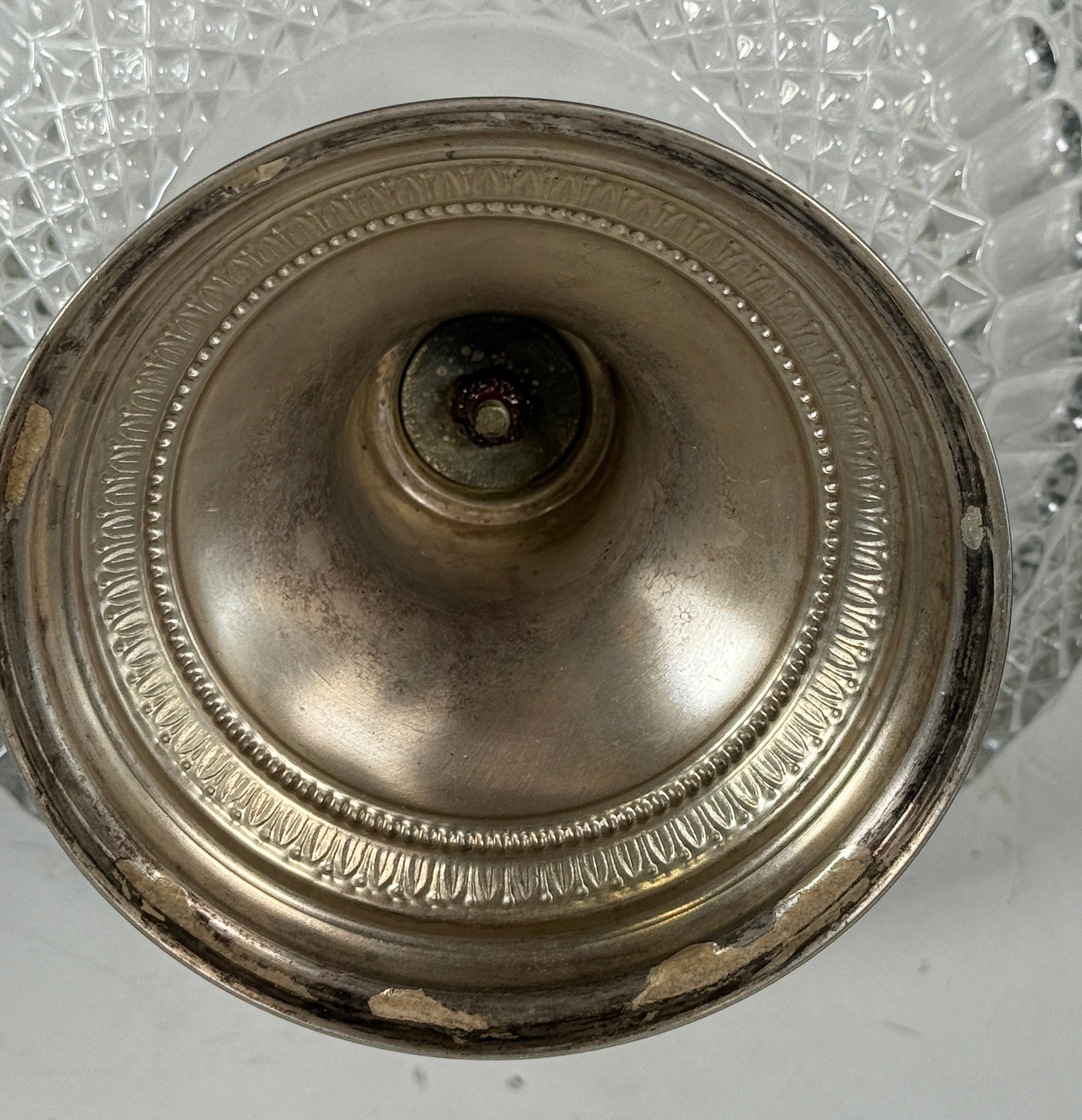 Vintage Pressed Glass Compote Bowl on Ornate Silver-Plated Pedestal Base – MCM Centerpiece